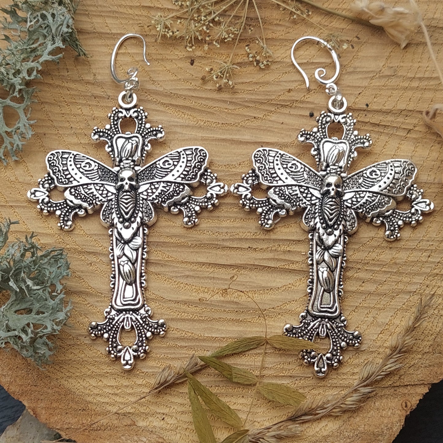 Gothic Cross Earrings with Skull Moth – Statement Silver Jewelry