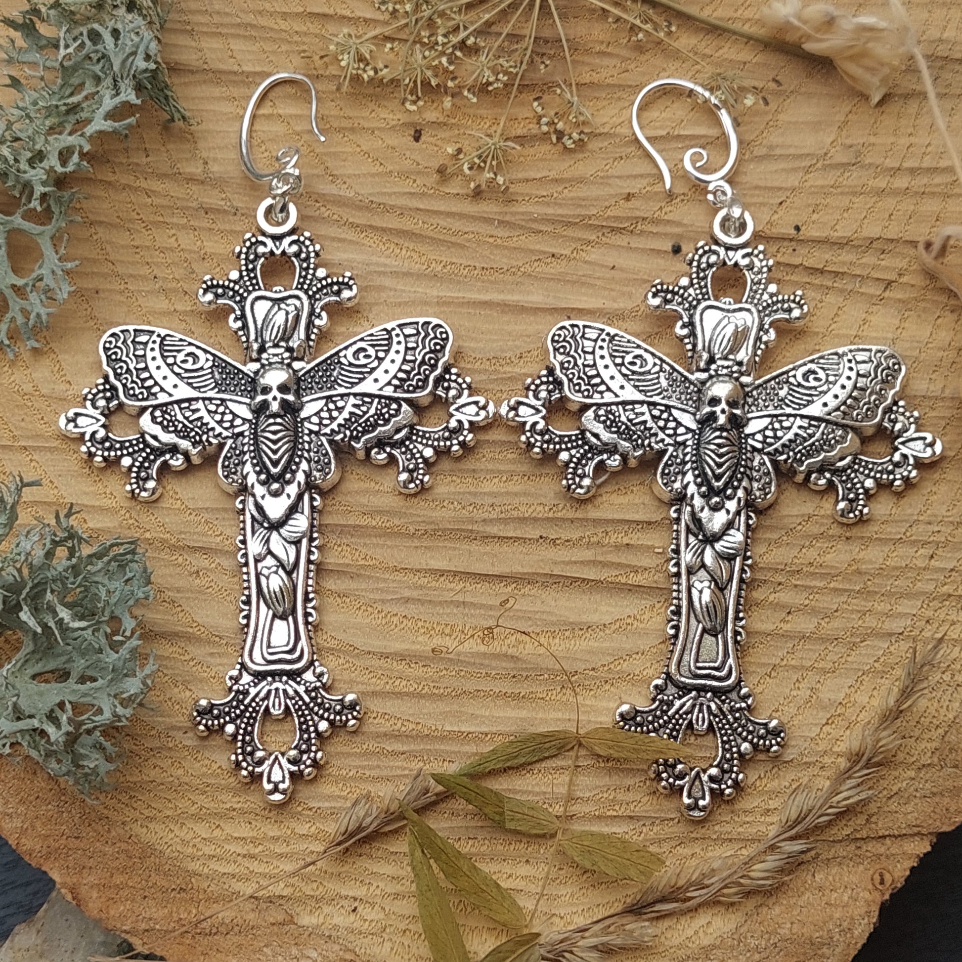 Gothic Cross Earrings with Skull Moth – Statement Silver Jewelry