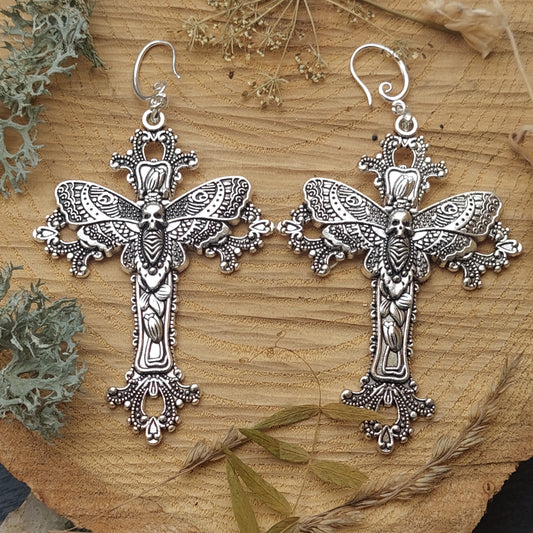 Gothic Cross Earrings with Skull Moth – Statement Silver Jewelry