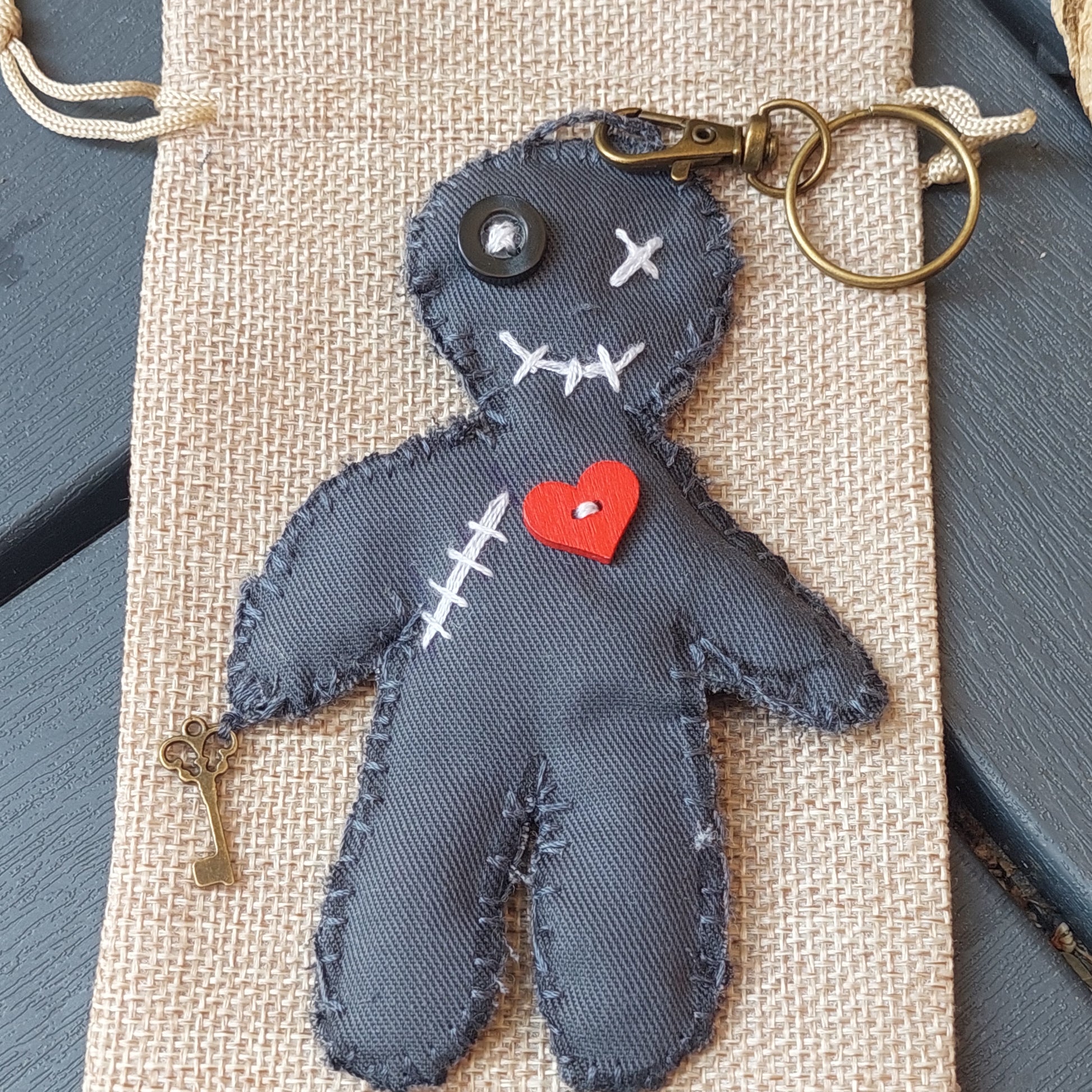 Gothic Voodoo Doll Keychain, Handmade Plush Amulet with Heart, Key, Cute Gift