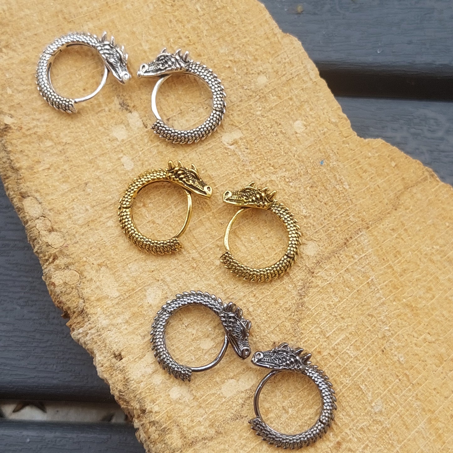 Gothic Dragon Hoop Earrings, Gold, Silver, Black, Fantasy Jewelry