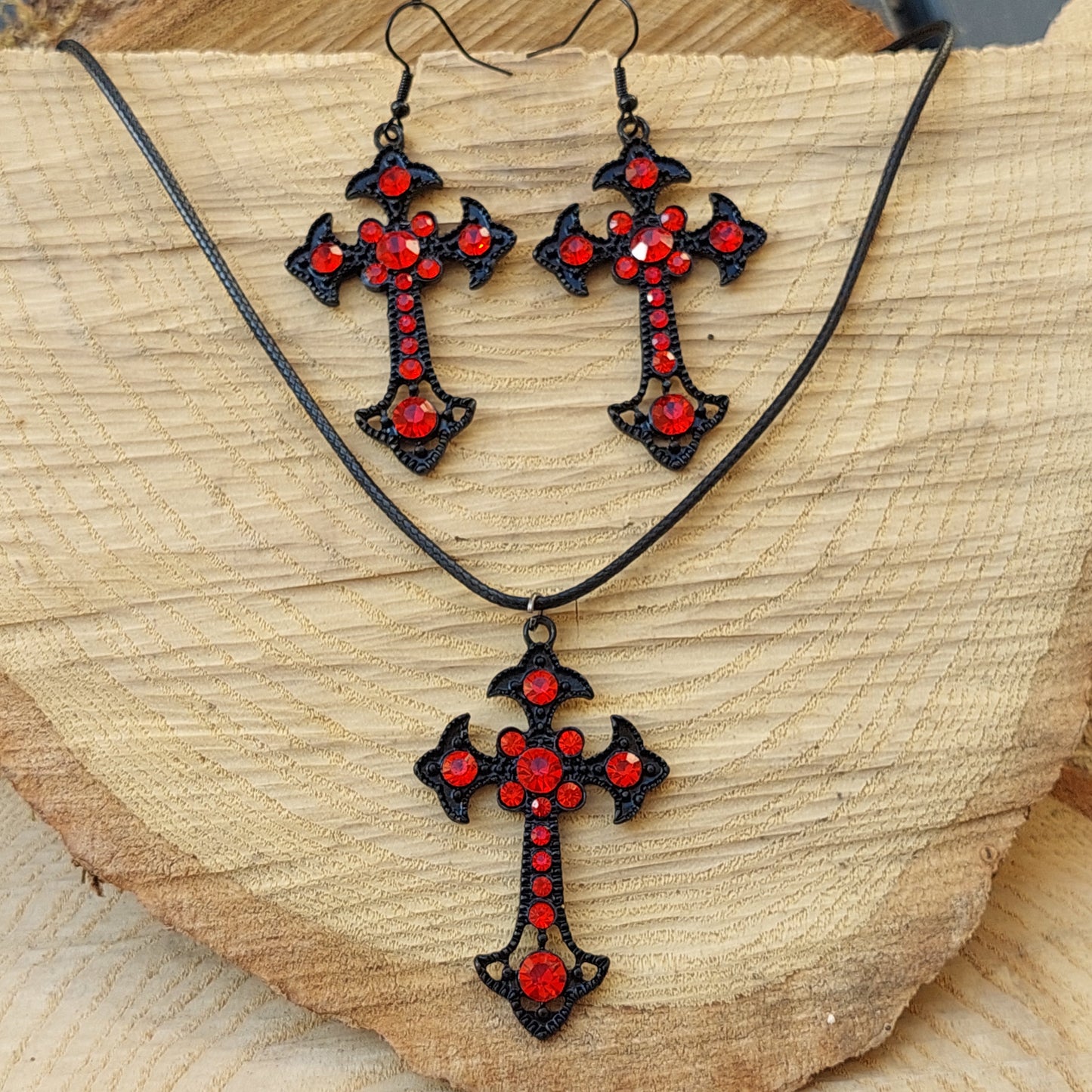 Gothic Jewelry Set – Black Cross Earrings & Red Crystal Amulet Necklace | Dark Fantasy Gift