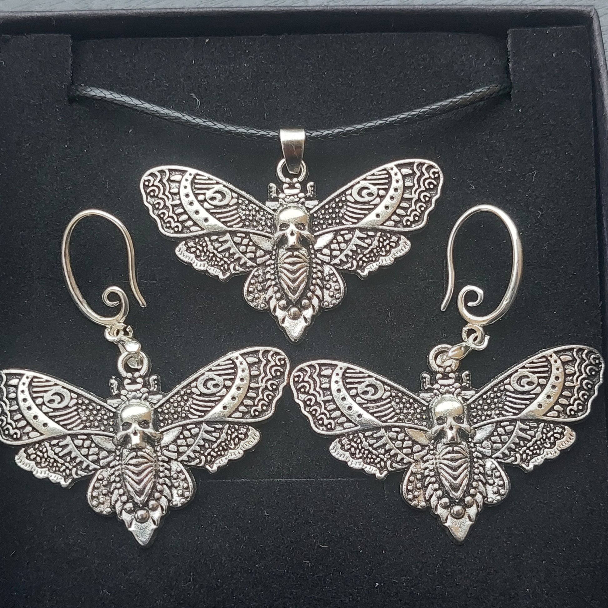 Gothic Jewelry Set, Stainless Steel Silver Skull Butterfly Necklace, Earrings Gift with Gift Box