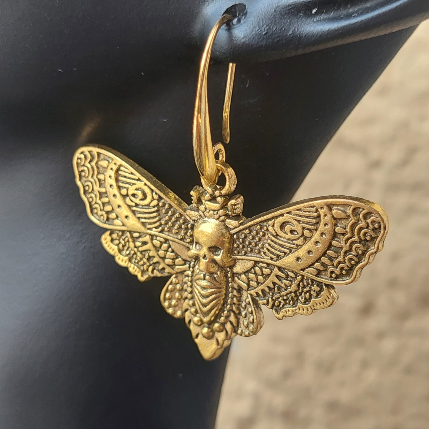 Gothic Skull & Butterfly Earrings – Antique Gold Handmade Jewelry