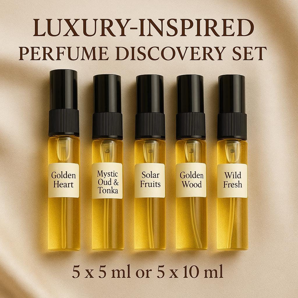 Handcrafted Luxury Niche Perfume Discovery Set – 5*5ml Travel-Size Refillable Glass Atomizers, Unique Handmade Gift