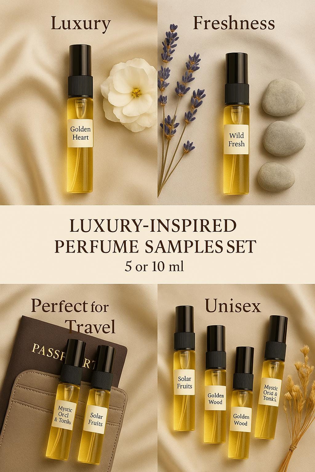 Handcrafted Luxury Niche Perfume Discovery Set – 5*5ml Travel-Size Refillable Glass Atomizers, Unique Handmade Gift