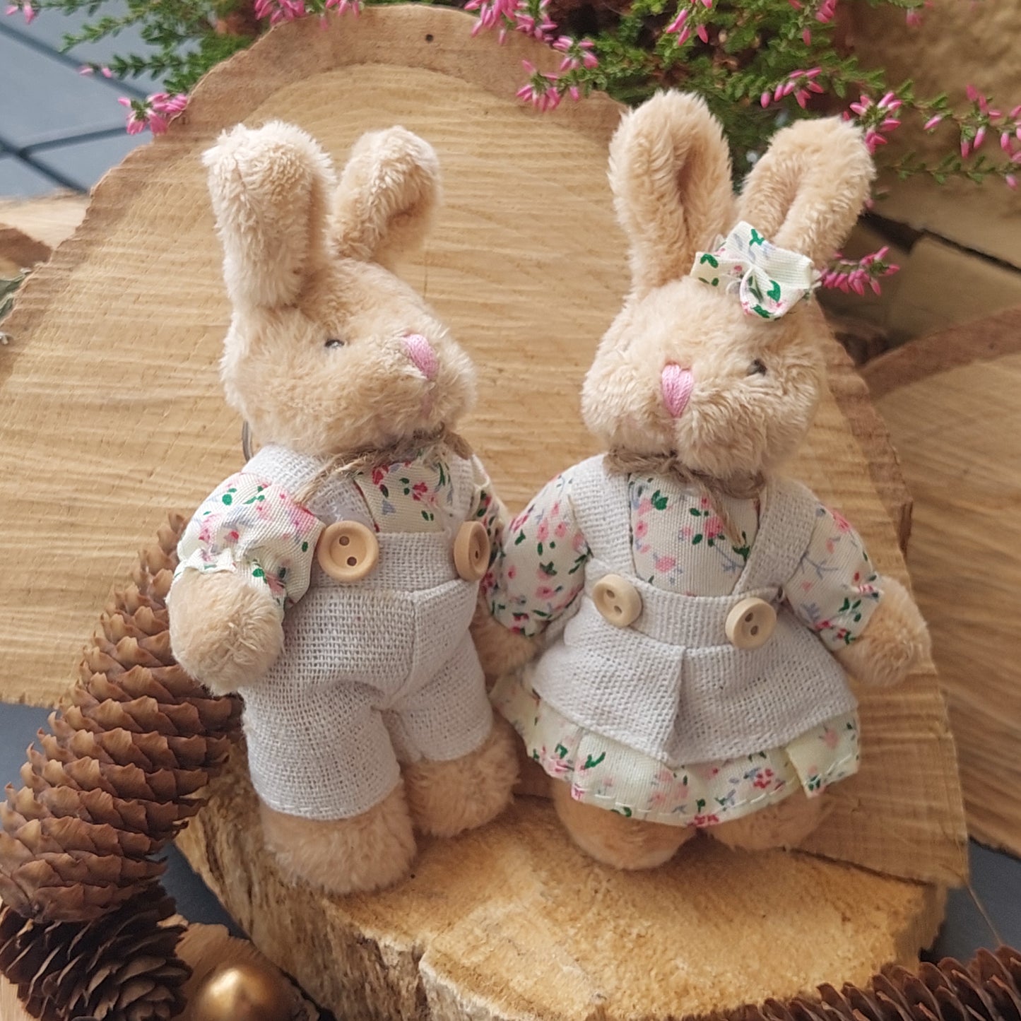 Plush Toy Pair, Bear, Bunny Friends, Softies Keychain, Desk or Shelf Decor, Gift Set for Him, for Her