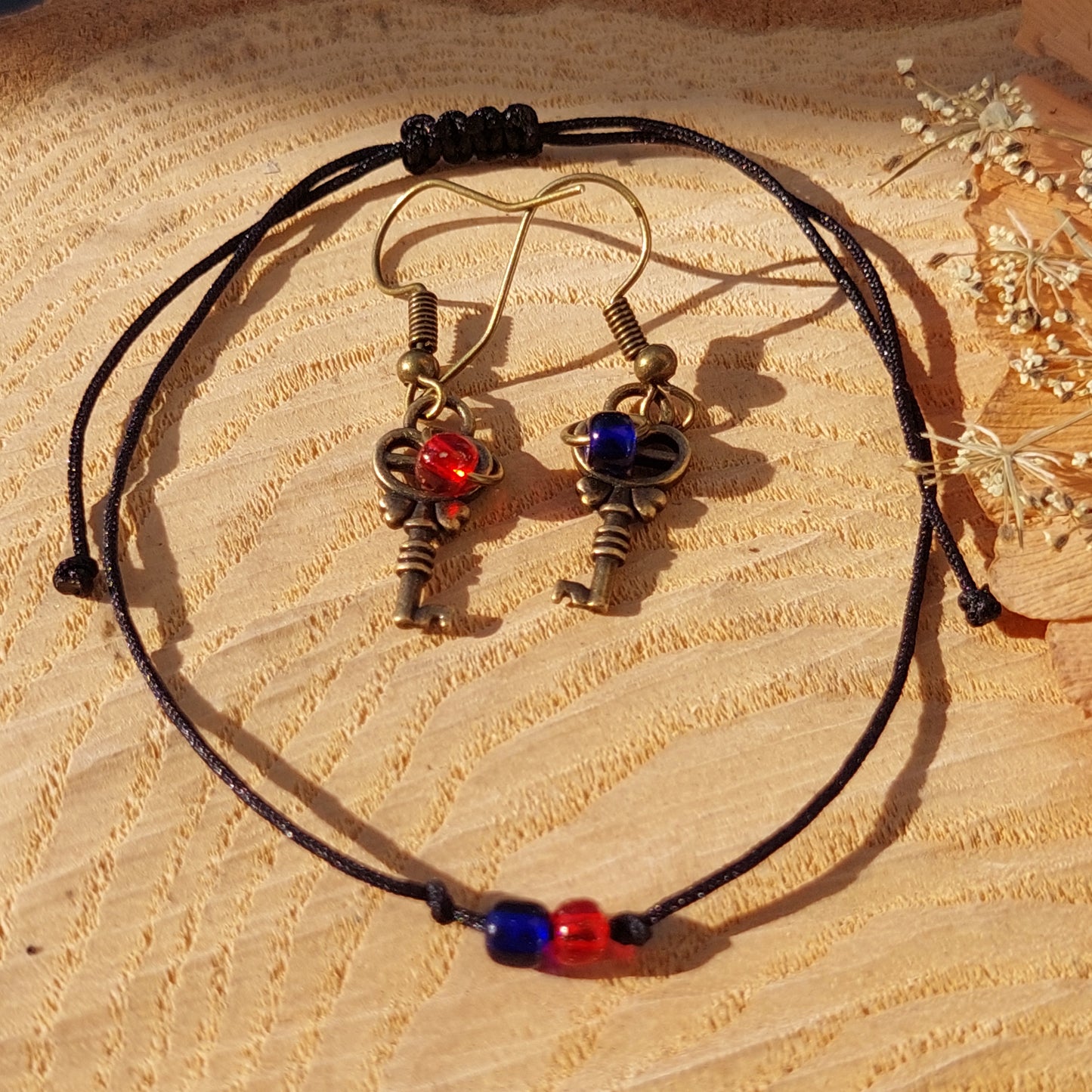 Key Earrings, Minimalist Macrame Bracelet, Fantasy Antique Gold Jewelry Set, Gift for Her