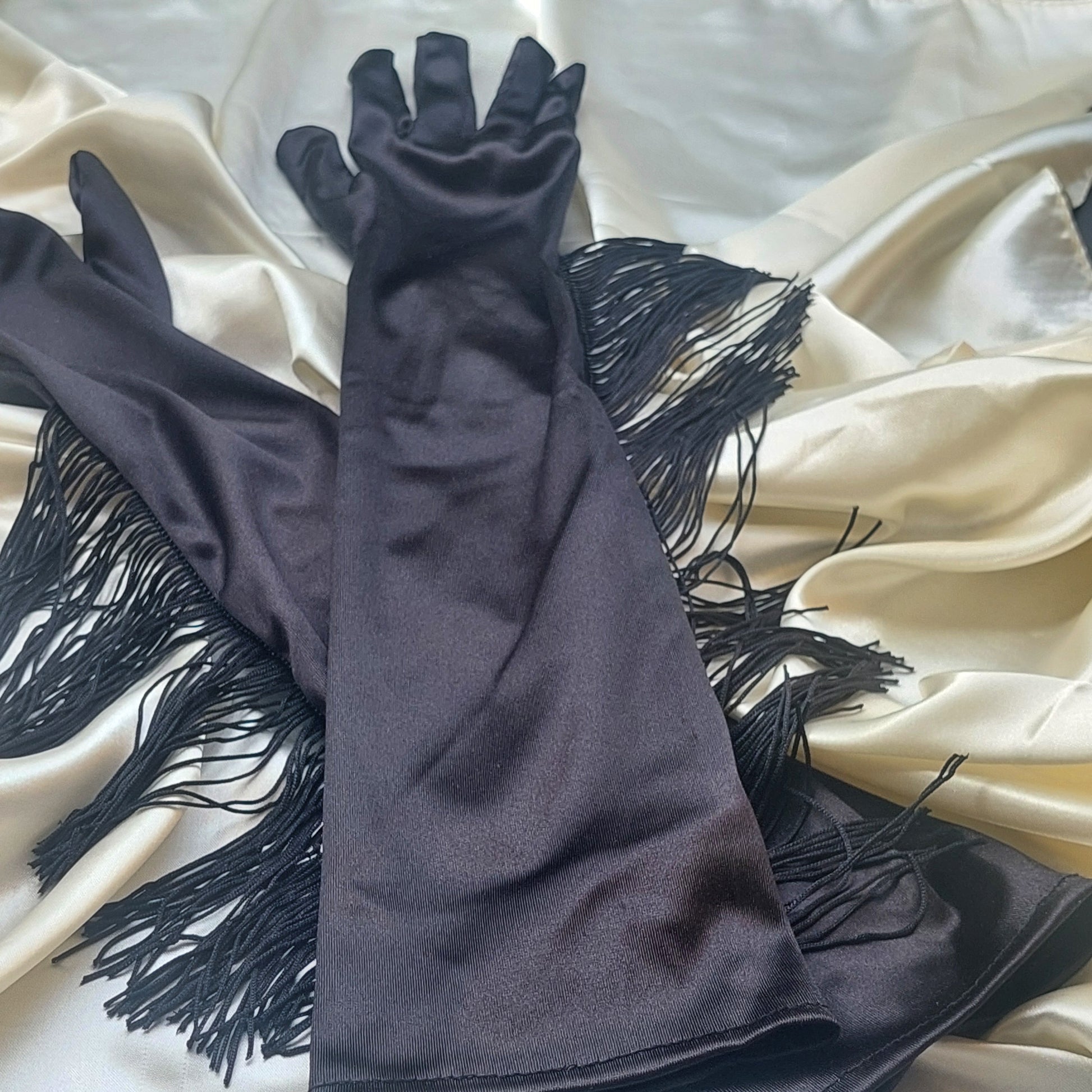 Long gloves with fringe - wedding evening gloves in a gift box