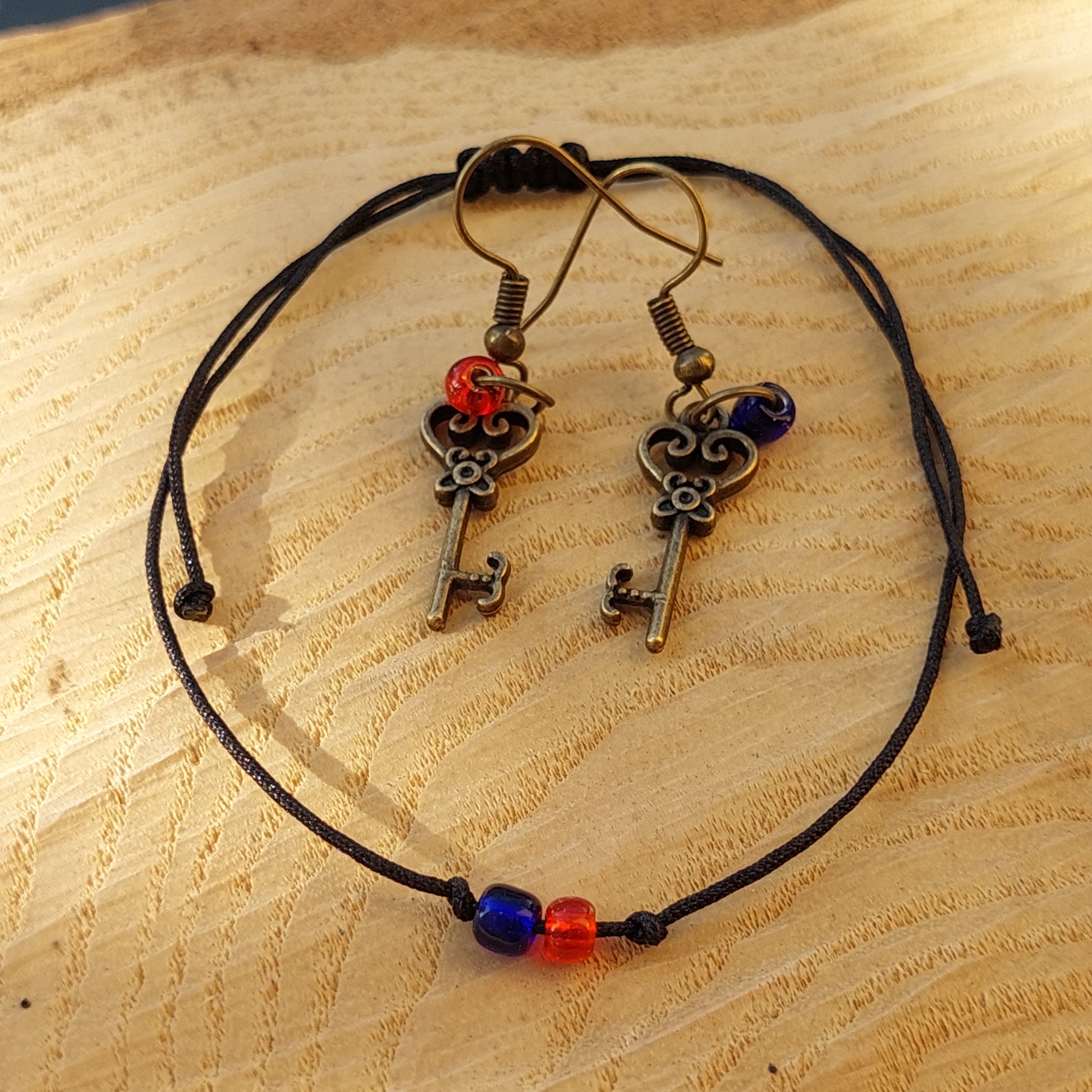 Key Earrings, Minimalist Macrame Bracelet, Fantasy Antique Gold Jewelry Set, Gift for Her