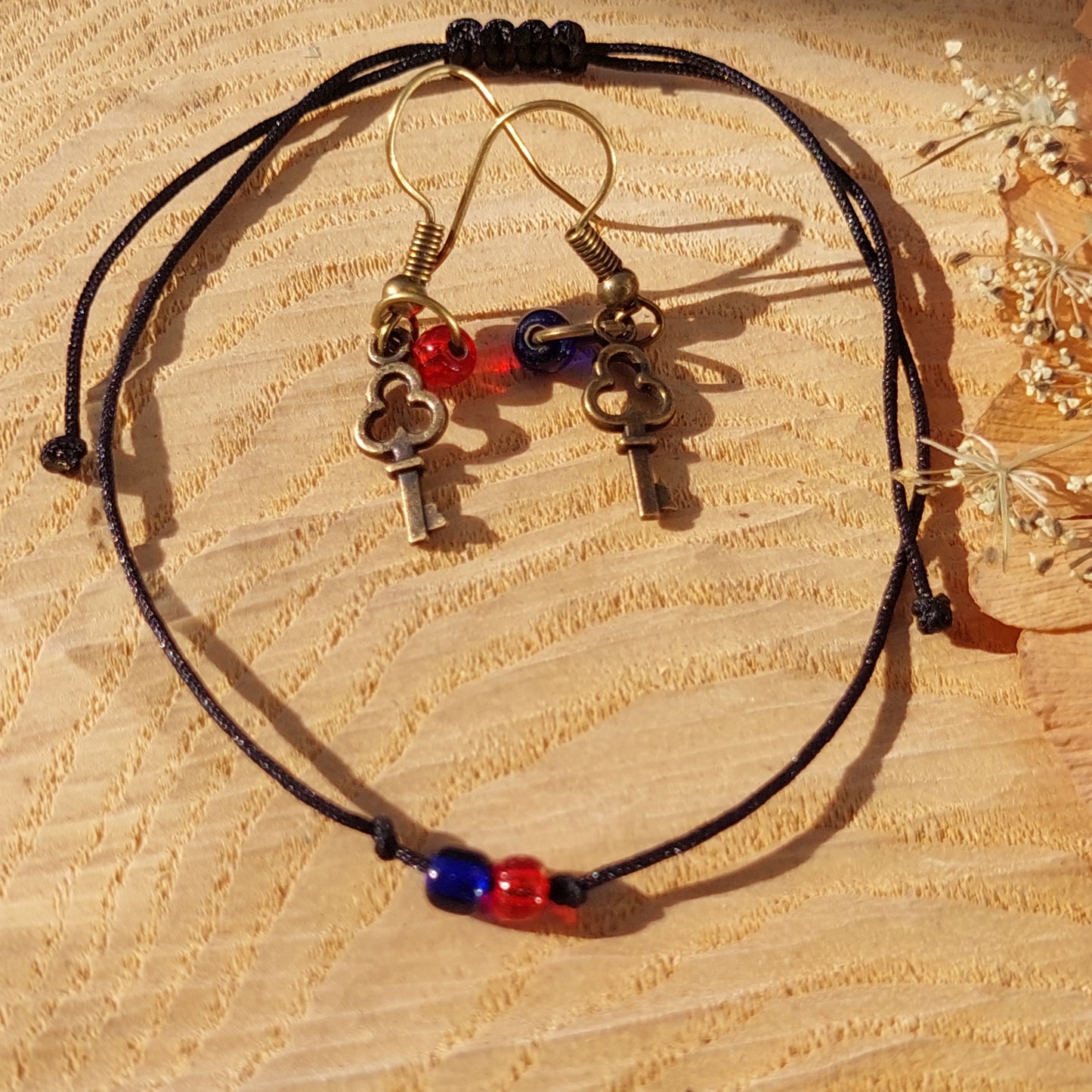 Antique gold key earrings with red and blue beads – Matrix Choice jewelry