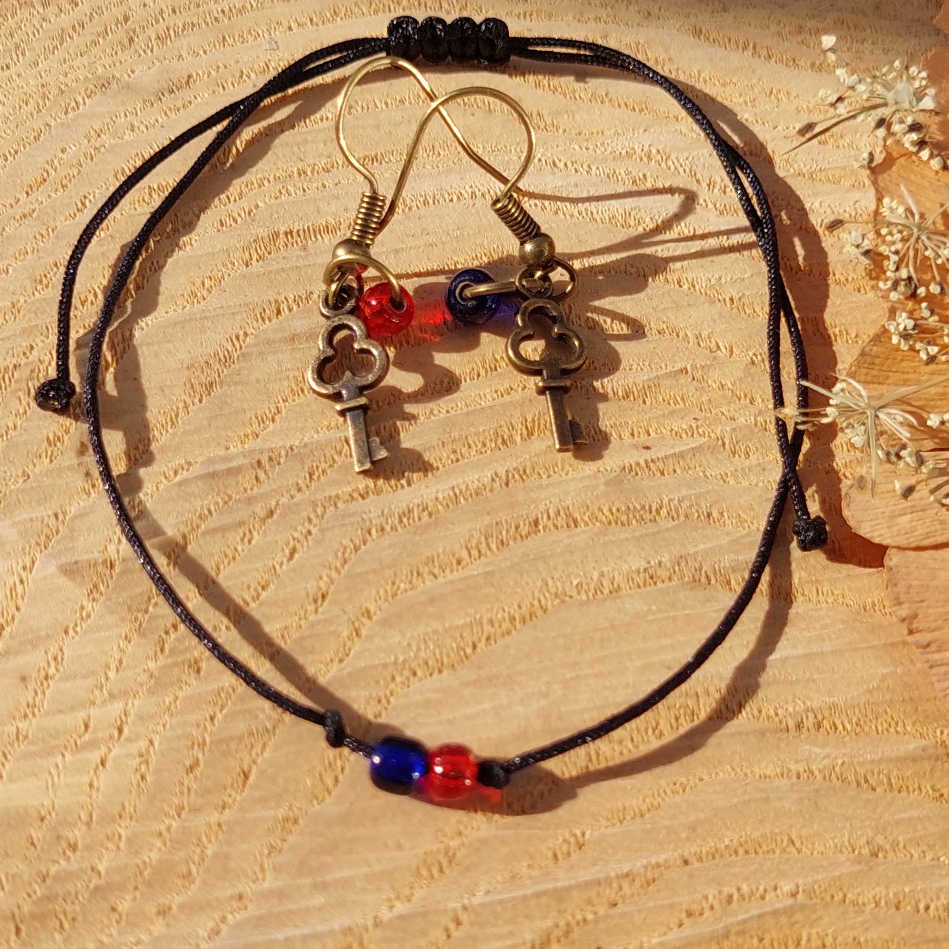 Antique gold key earrings with red and blue beads – Matrix Choice jewelry