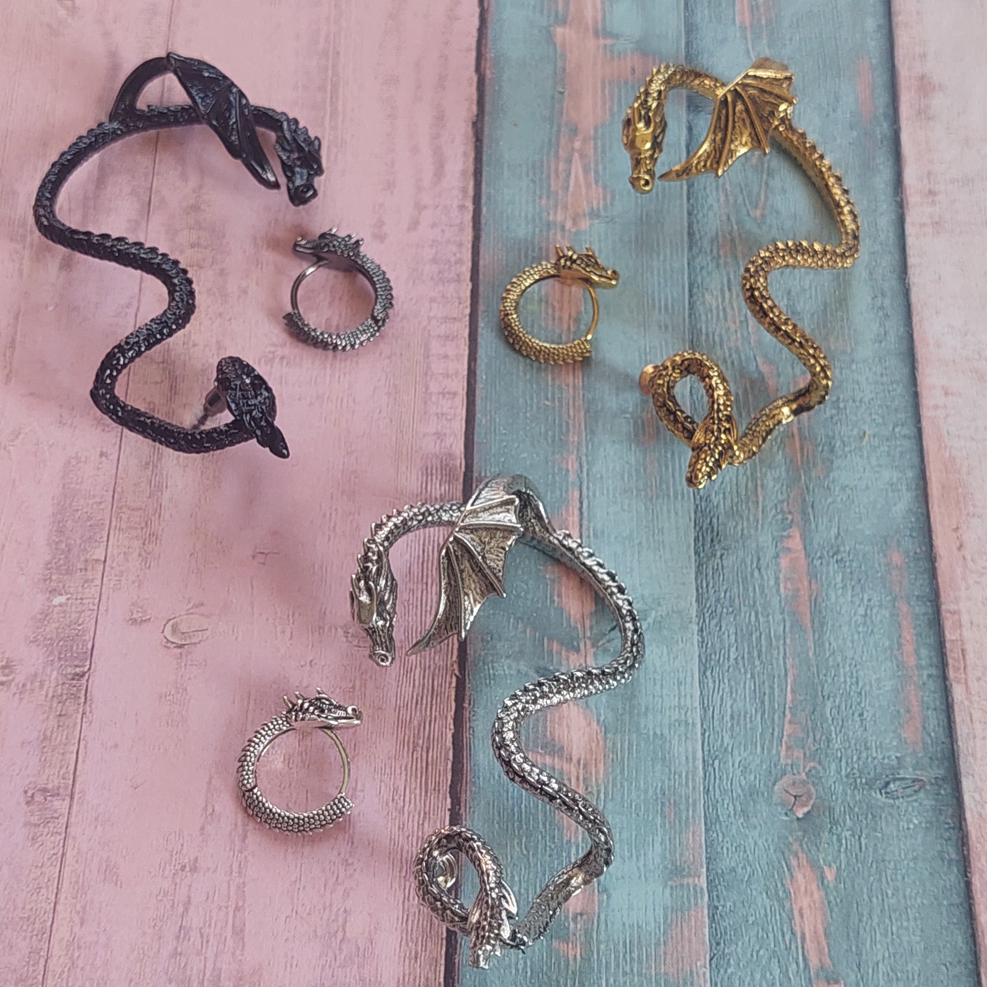 Dragon Hoop Earrings and Dragon Ear Cuffs, Gothic Fantasy Jewelry Set Silver, Gold, Black, Gift