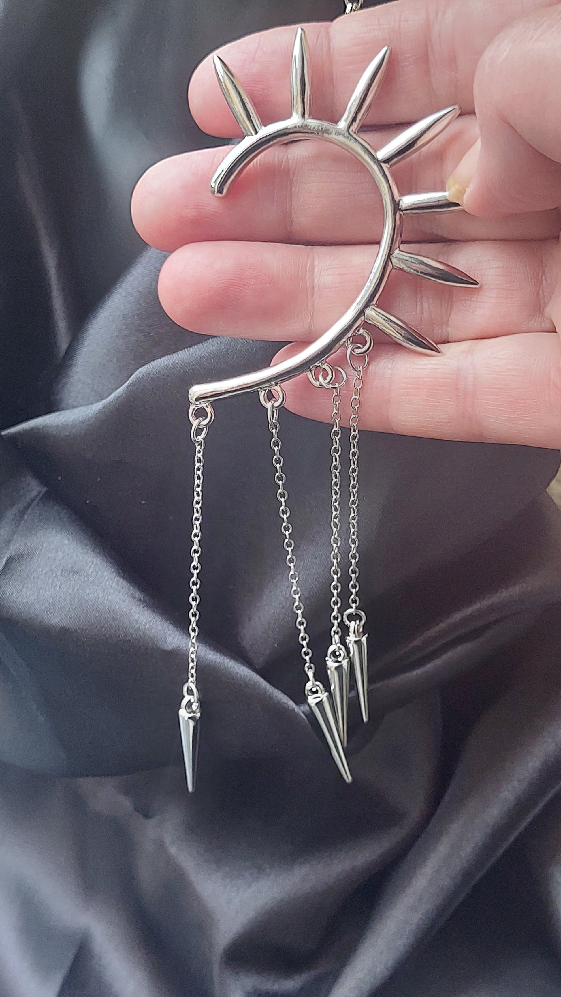 Silver Elf Ear Cuffs Spike Chain Ear Cuff, Punk Gothic No-Piercing Statement Earring Gift