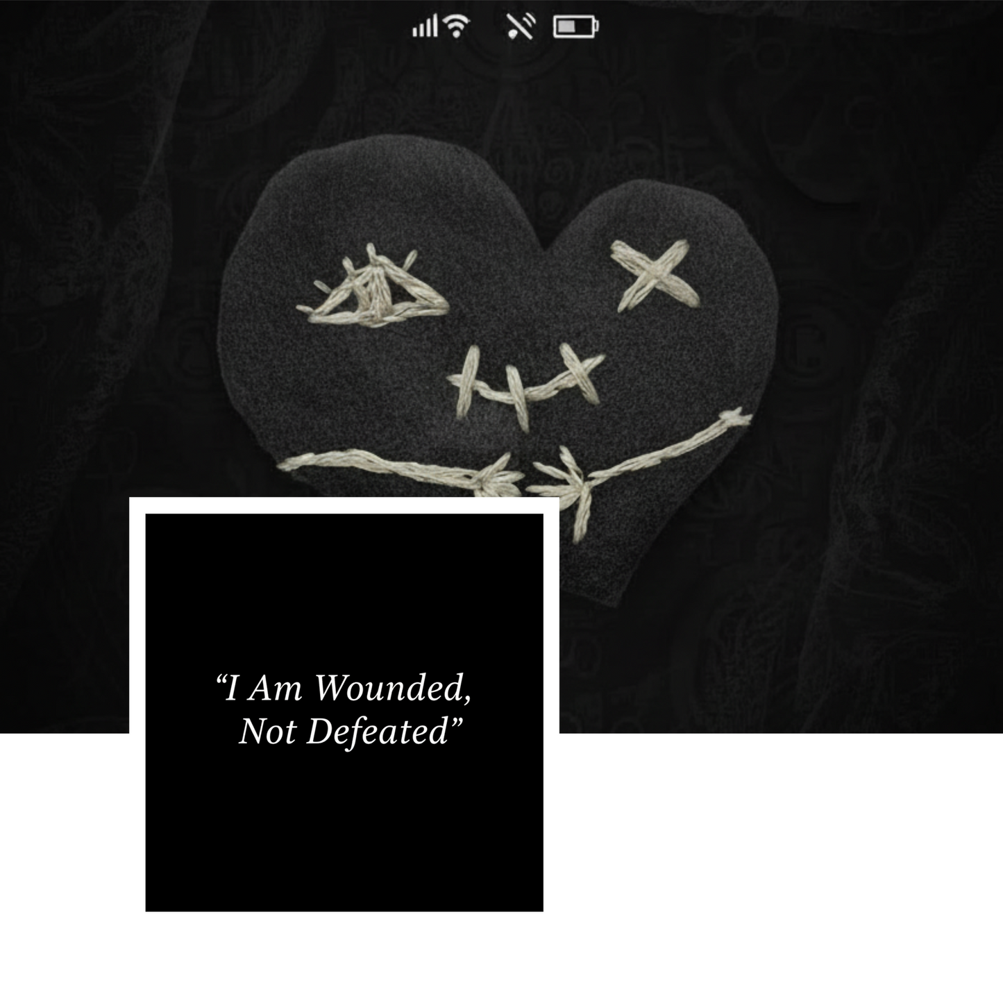 Dark gothic phone wallpaper set with a stitched heart symbol inspired by stoicism and Marcus Aurelius. Minimalist, emotional, high-resolution digital art.