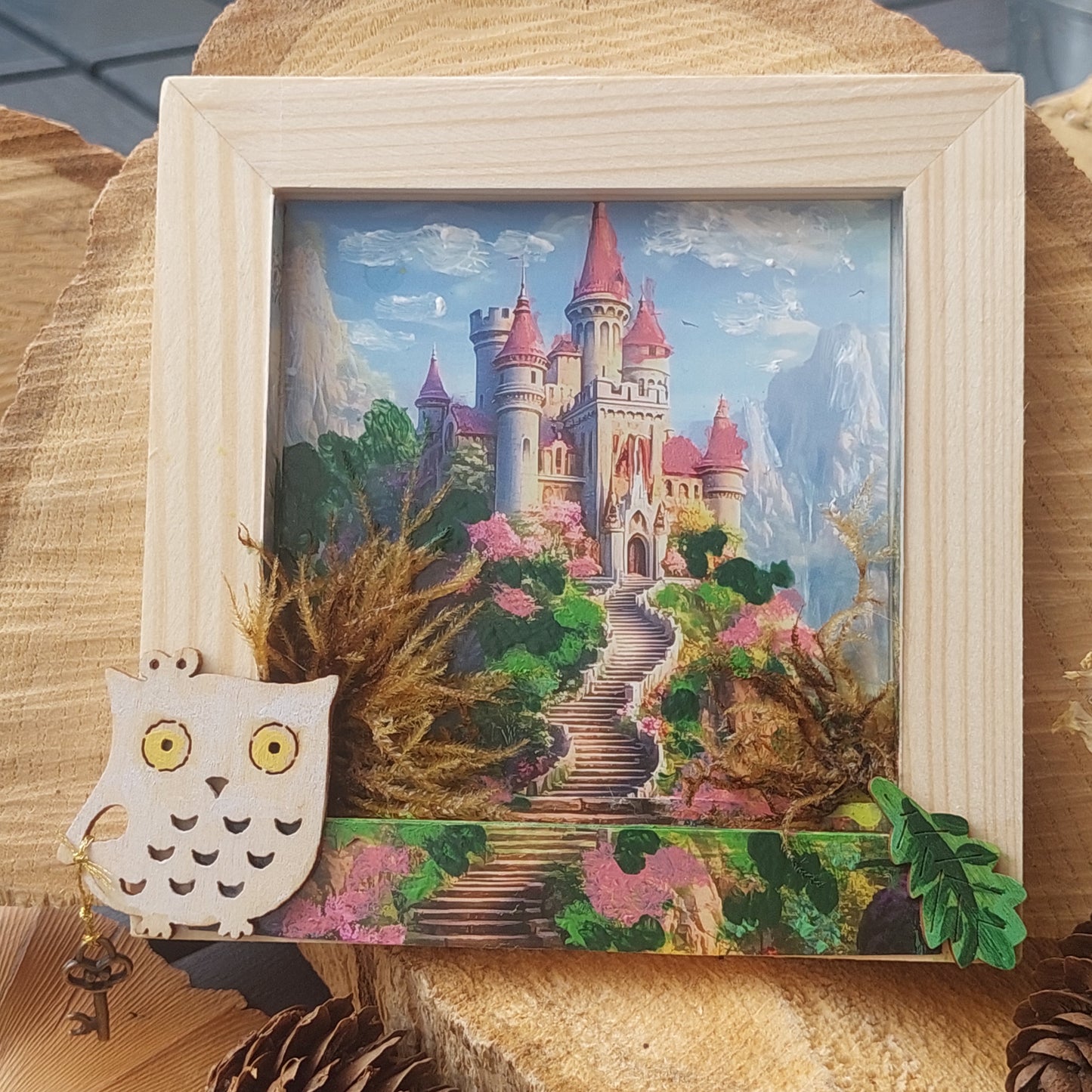 Mini Art Collage, Fairy Tale Castle in Forest, Handmade Wall or Desk Decor, Unique Handmade Gifts