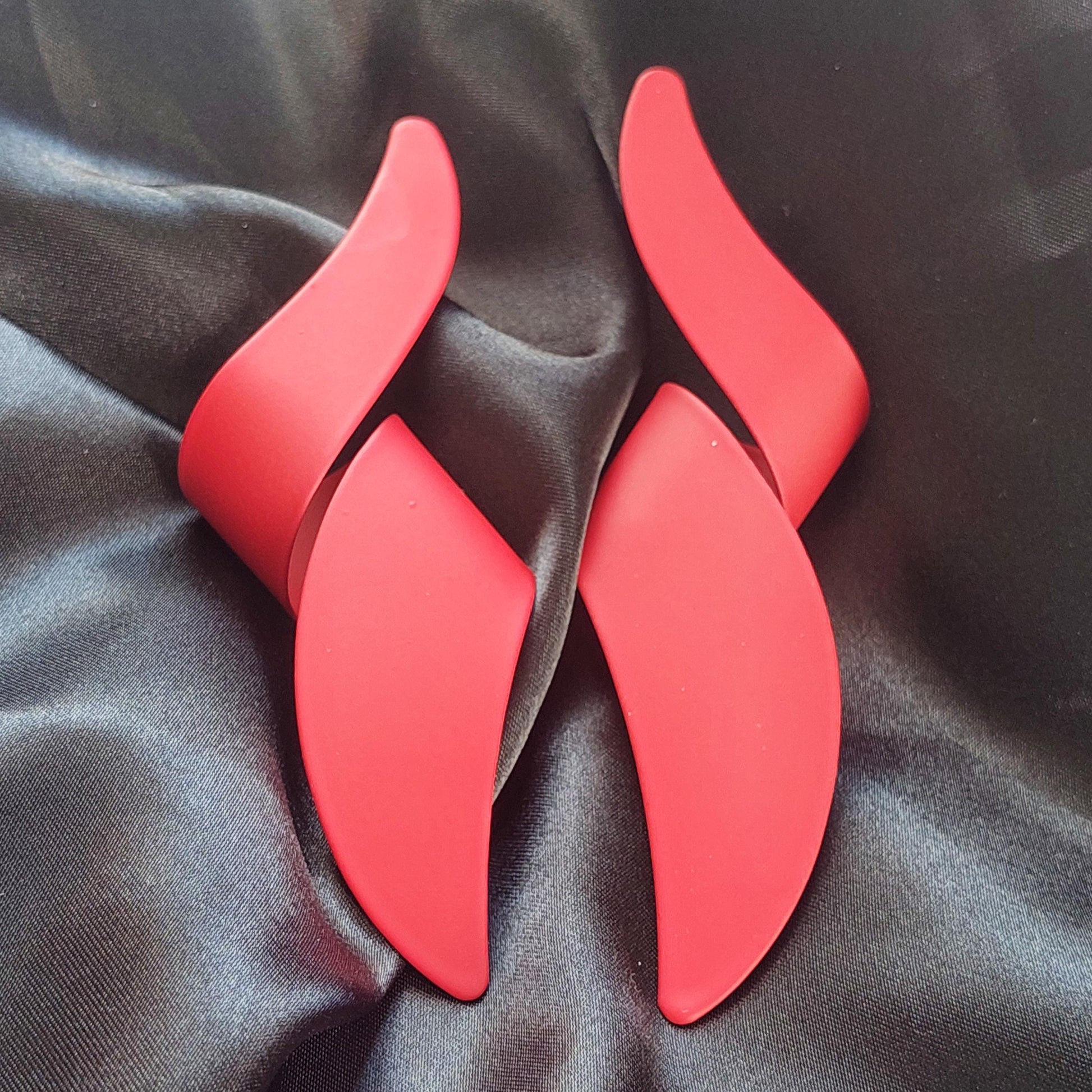 Voluminous Gold Statement Earrings, Red Lightning Bolt Dangle, Stylish Gothic Jewelry, Gift for Her