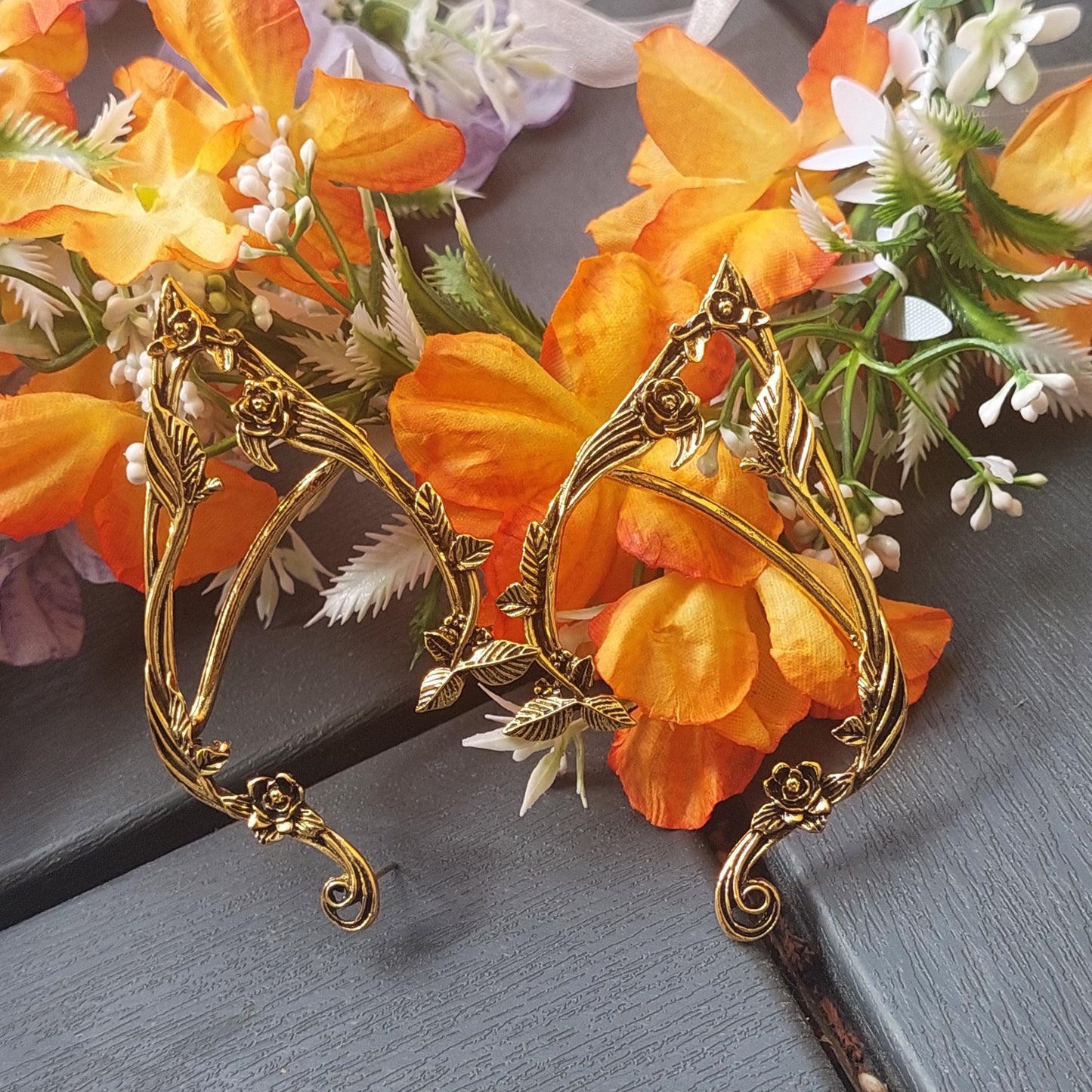 Enchanting Elven Flower Crown + Golden Ear Cuffs - Complete Fantasy Set