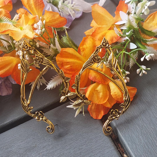 Enchanting Elven Flower Crown + Golden Ear Cuffs - Complete Fantasy Set