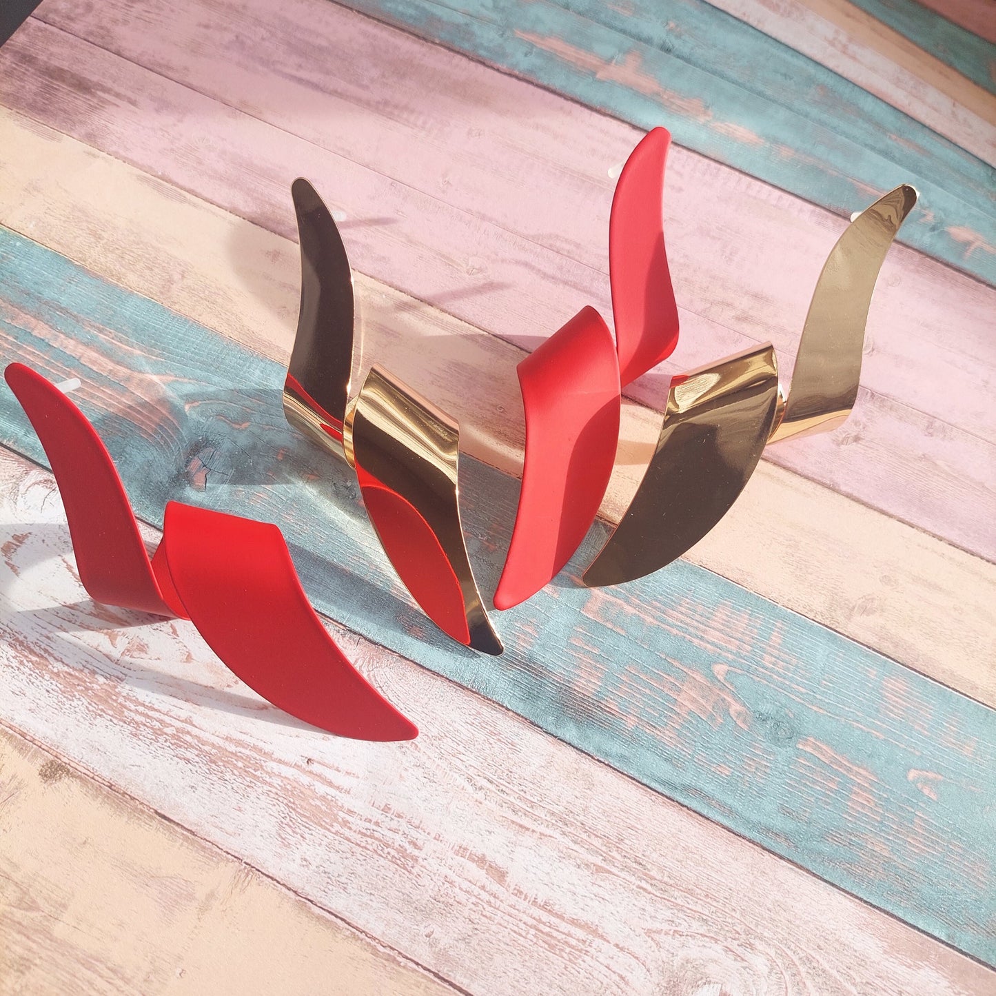 Voluminous Gold Statement Earrings – Red Lightning Bolt Dangle, Stylish Gothic Jewelry Gift for Her