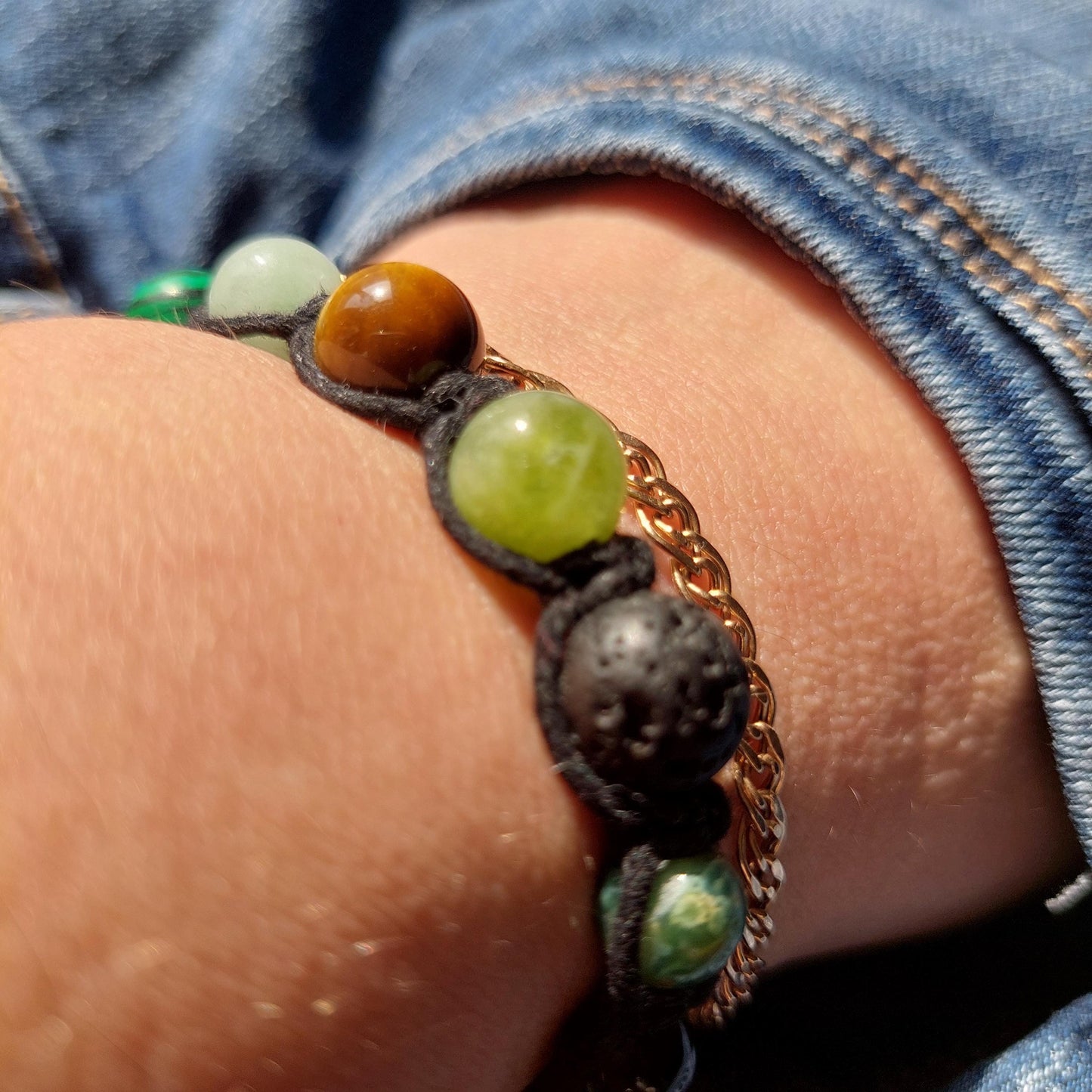 Gemstone Macrame Bracelet: Unisex Adjustable Bracelet Tiger's Eye, Peridot, Chrysoprase, Lava, Obsidian