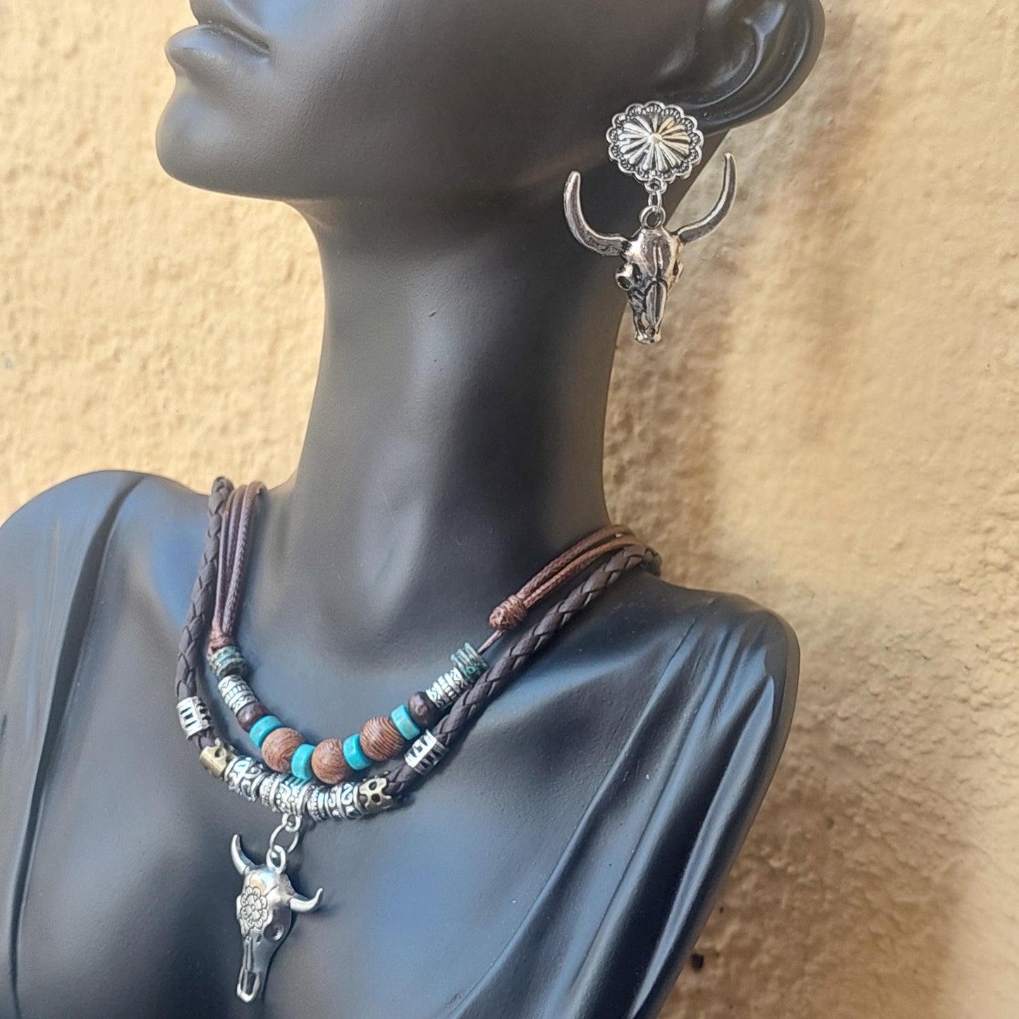 Gothic Bull Skull Jewelry Set - Leather Choker Necklace & Earrings Western Style