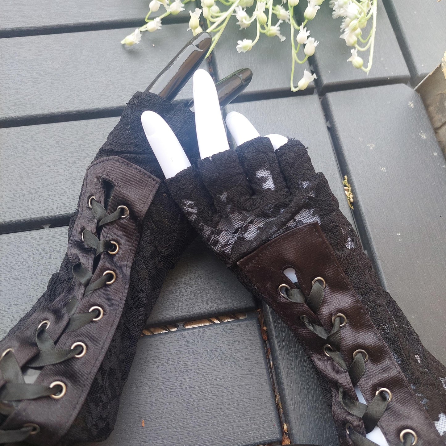 Elegant Black Lace Fingerless Evening Gloves with Statement Lacing - Stylish Women's Accessory