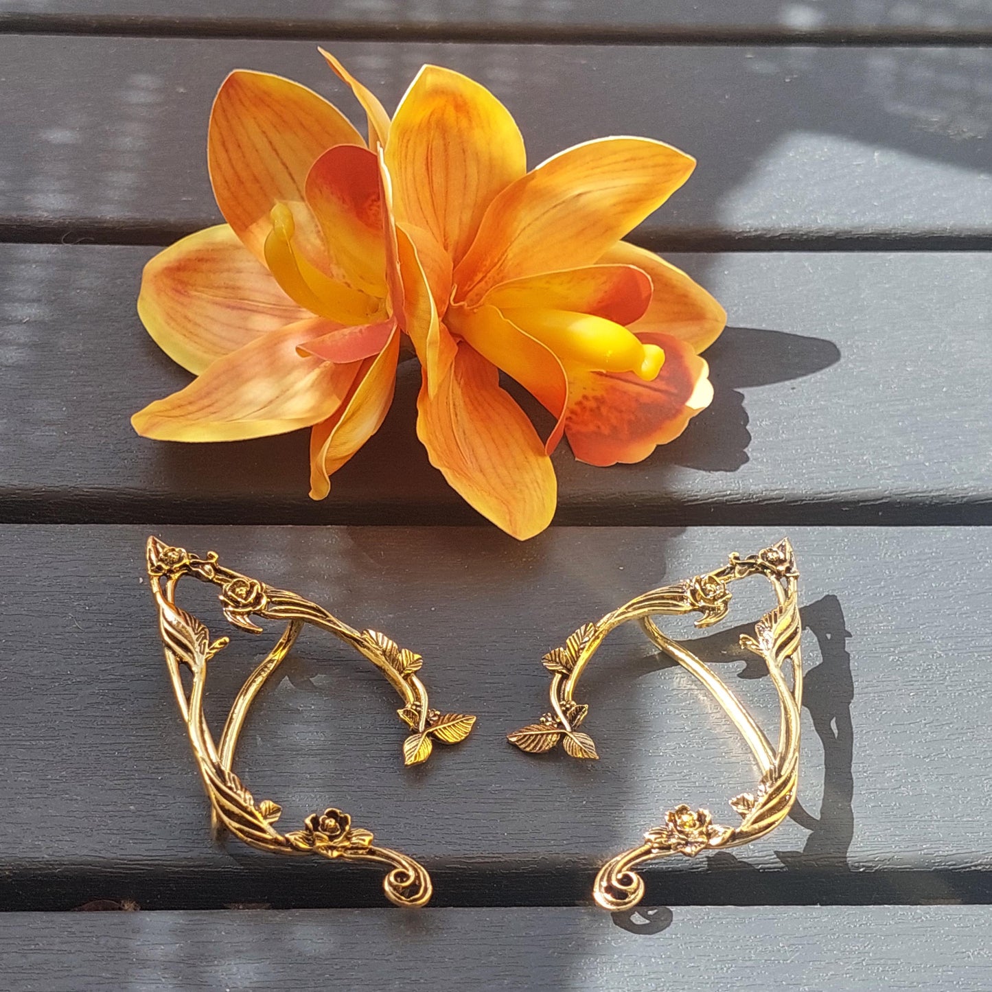 Vibrant Orchid Hair Clip + Golden Elven Ear Cuffs - Bohemian Fantasy Set