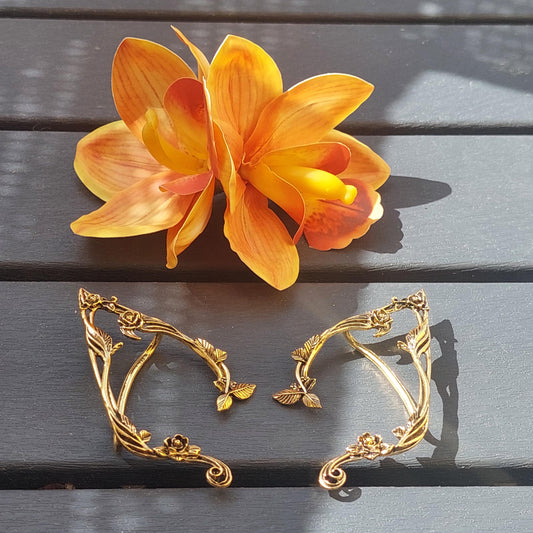 Vibrant Orchid Hair Clip + Golden Elven Ear Cuffs - Bohemian Fantasy Set