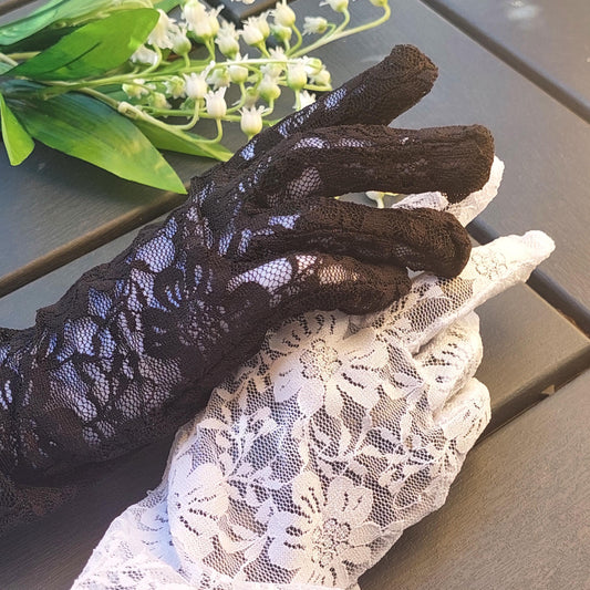 Elegant Lace Evening Gloves – Long Black & White Floral Design for Weddings, Proms & Formal Events | Stretchy One-Size Fits All (42cm)