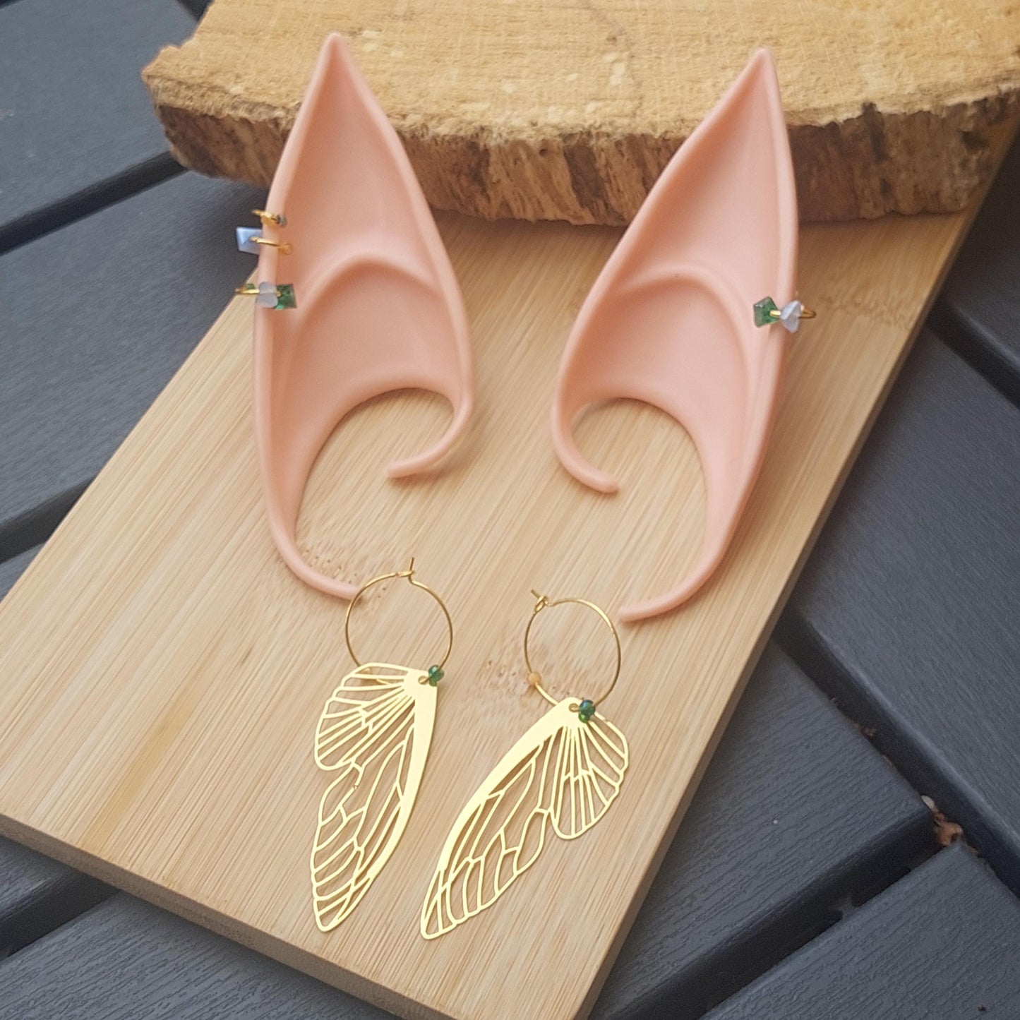 Elf Ear Jewelry Set – Silicone Elf Ears with Gold or Silver Piercings & Pearl/Crystal Hoop Earrings | Fantasy Cosplay & LARP Accessory Gift