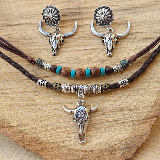 Gothic Bull Skull Jewelry Set - Leather Choker Necklace & Earrings Western Style