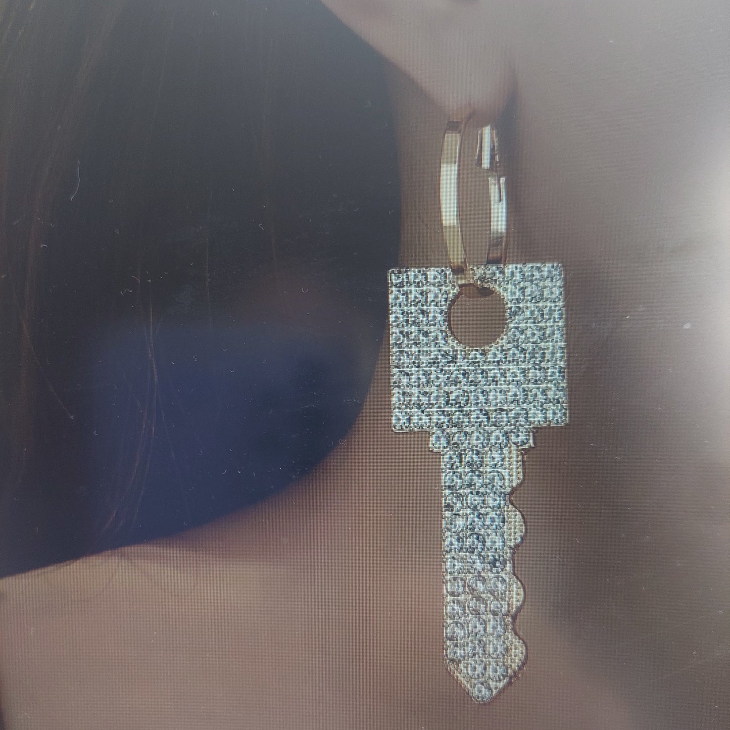 Glamorous Gold Key Earrings with Rhinestones – Statement Dangle Jewelry – Personalized Gift for Her