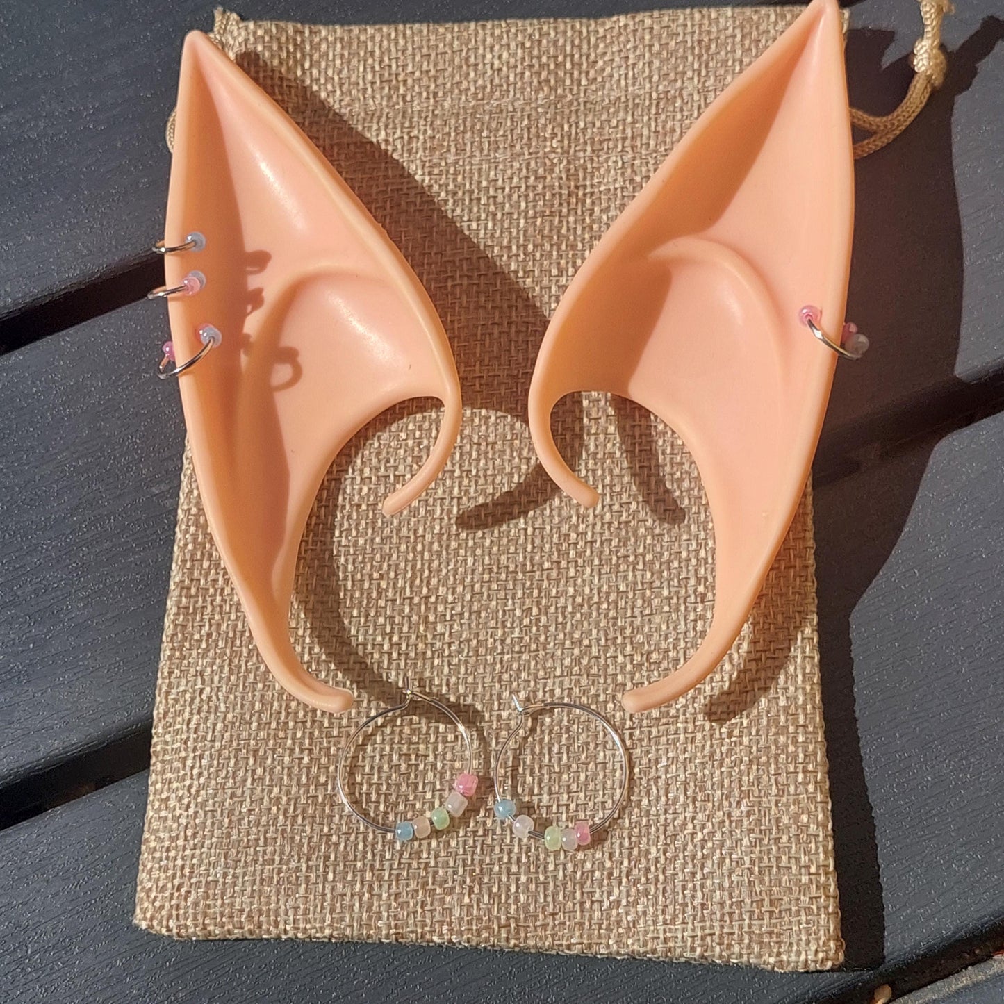 Elf Ear Jewelry Set – Silicone Elf Ears with Gold or Silver Piercings & Pearl/Crystal Hoop Earrings | Fantasy Cosplay & LARP Accessory Gift