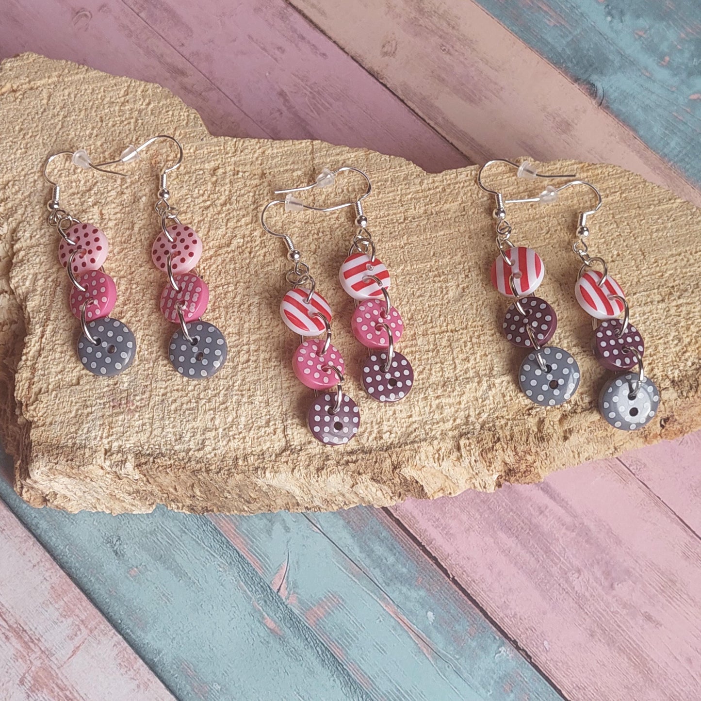 Colorful Button Dangle Earrings - Handmade 925 Sterling Silver - Unique Gift for Women