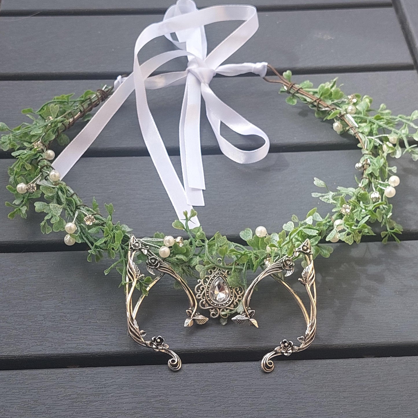Enchanting Floral Elf Crown with Crystal Accents + Elven Ear Cuffs - Complete Elven Set