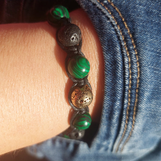 Bohemian Macrame Bracelet with Malachite & Lava Stone – Adjustable Handmade Gemstone Jewelry Gift for Him & Her