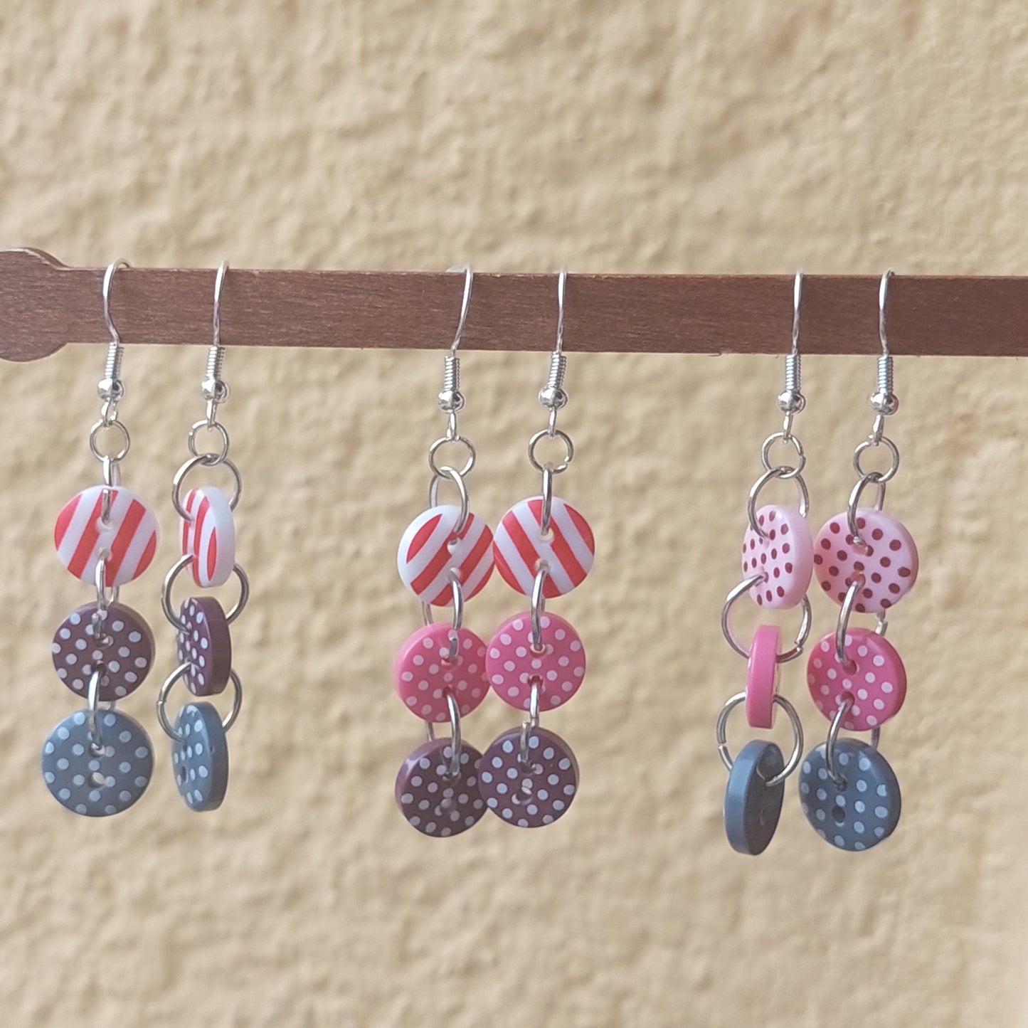 Colorful Button Dangle Earrings - Handmade 925 Sterling Silver - Unique Gift for Women