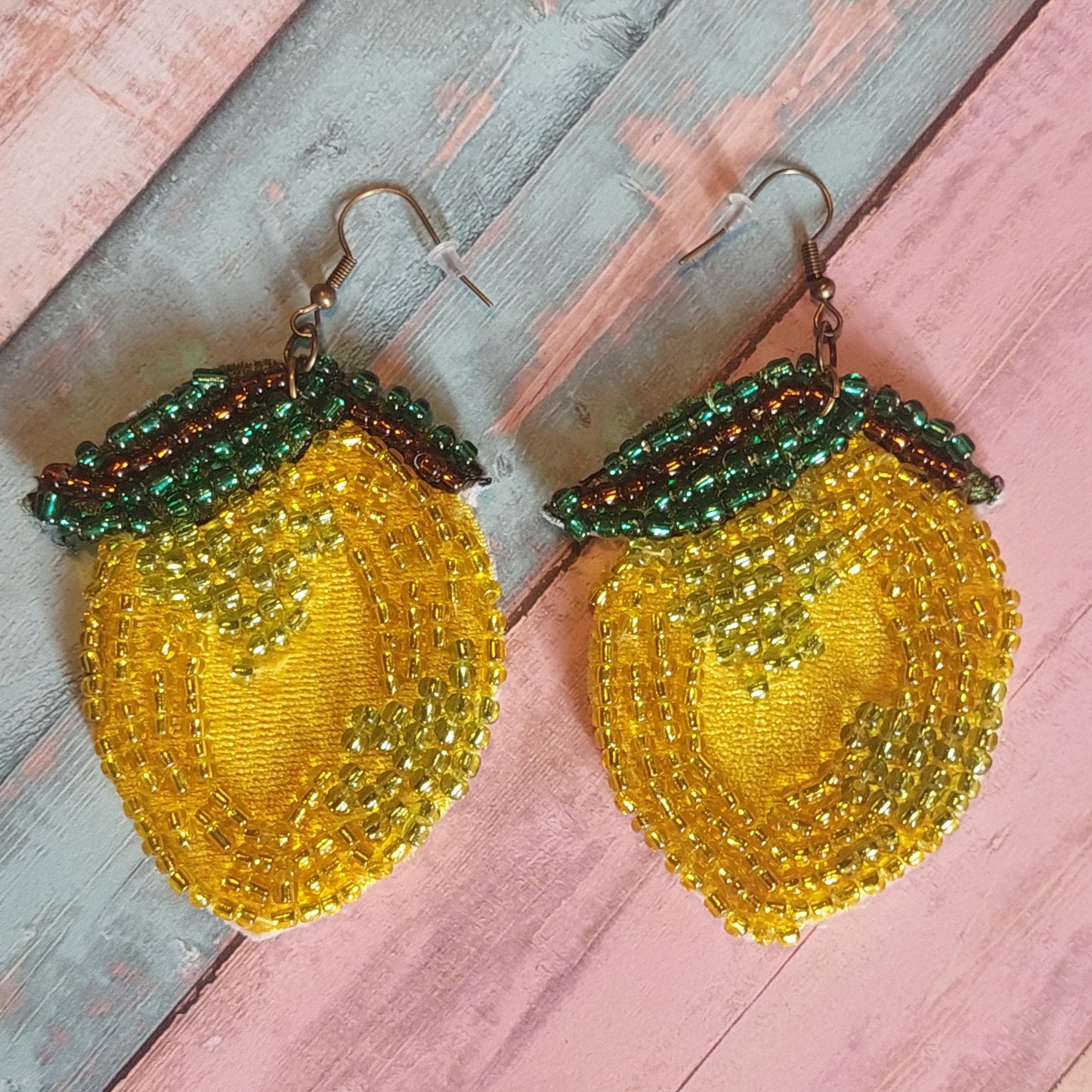 Hand-Embroidered Lemon Earrings with Beads - Unique Statement Jewelry Gift