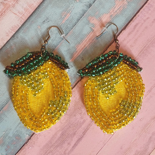 Hand-Embroidered Lemon Earrings with Beads - Unique Statement Jewelry Gift