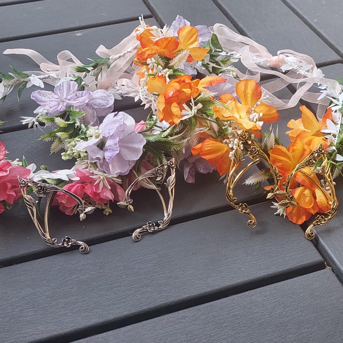 Enchanting Elven Flower Crown + Golden Ear Cuffs - Complete Fantasy Set