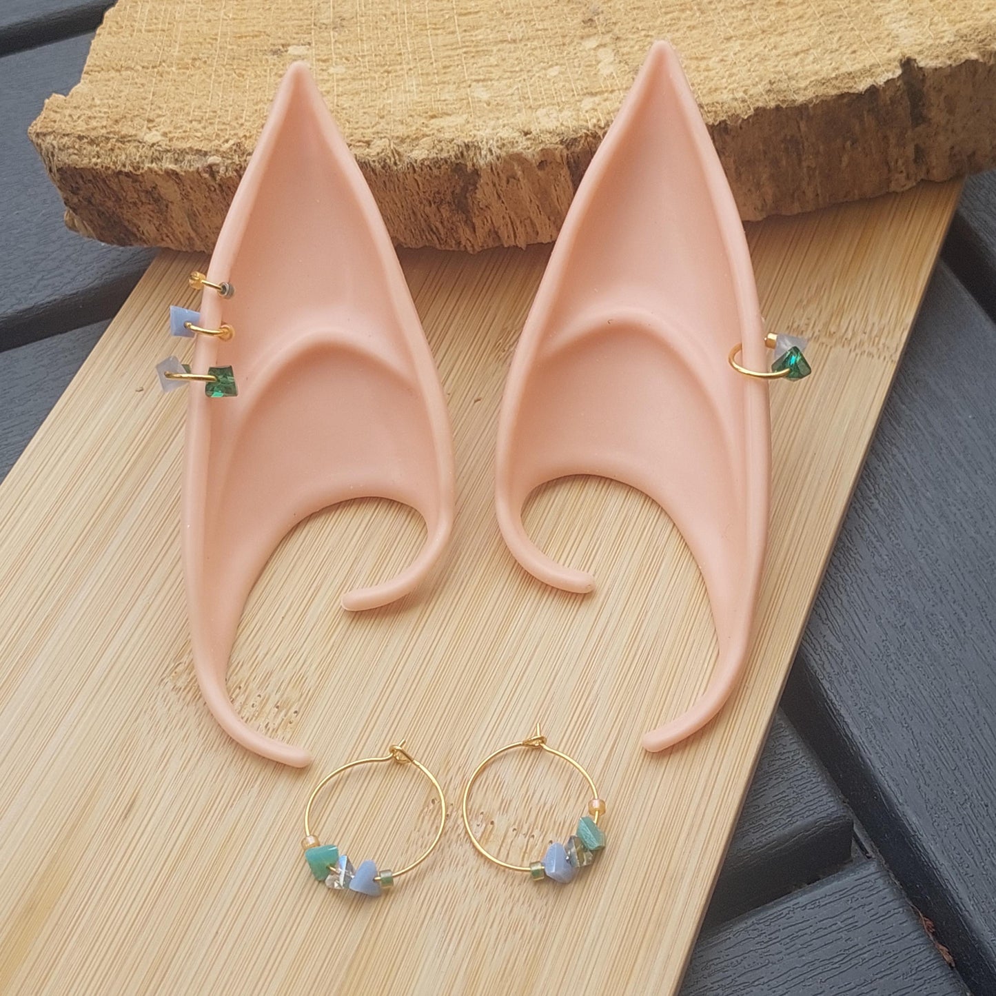 Elf Ear Jewelry Set – Silicone Elf Ears with Gold or Silver Piercings & Pearl/Crystal Hoop Earrings | Fantasy Cosplay & LARP Accessory Gift