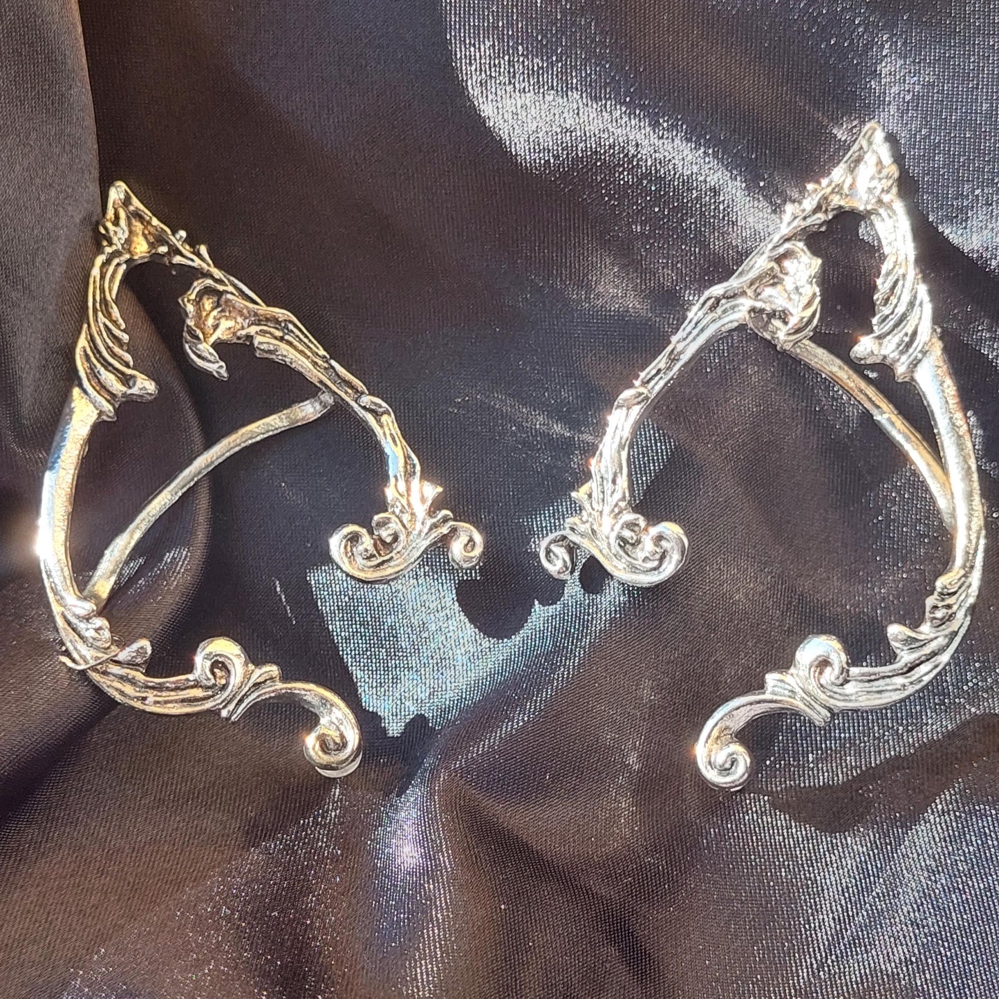 Mystical Elven Ear Cuffs – Silver & Black Fantasy Earrings for Pierced Ears | Enchanted Elf Jewelry for Cosplay, Festivals & Gifts (Set of 2)