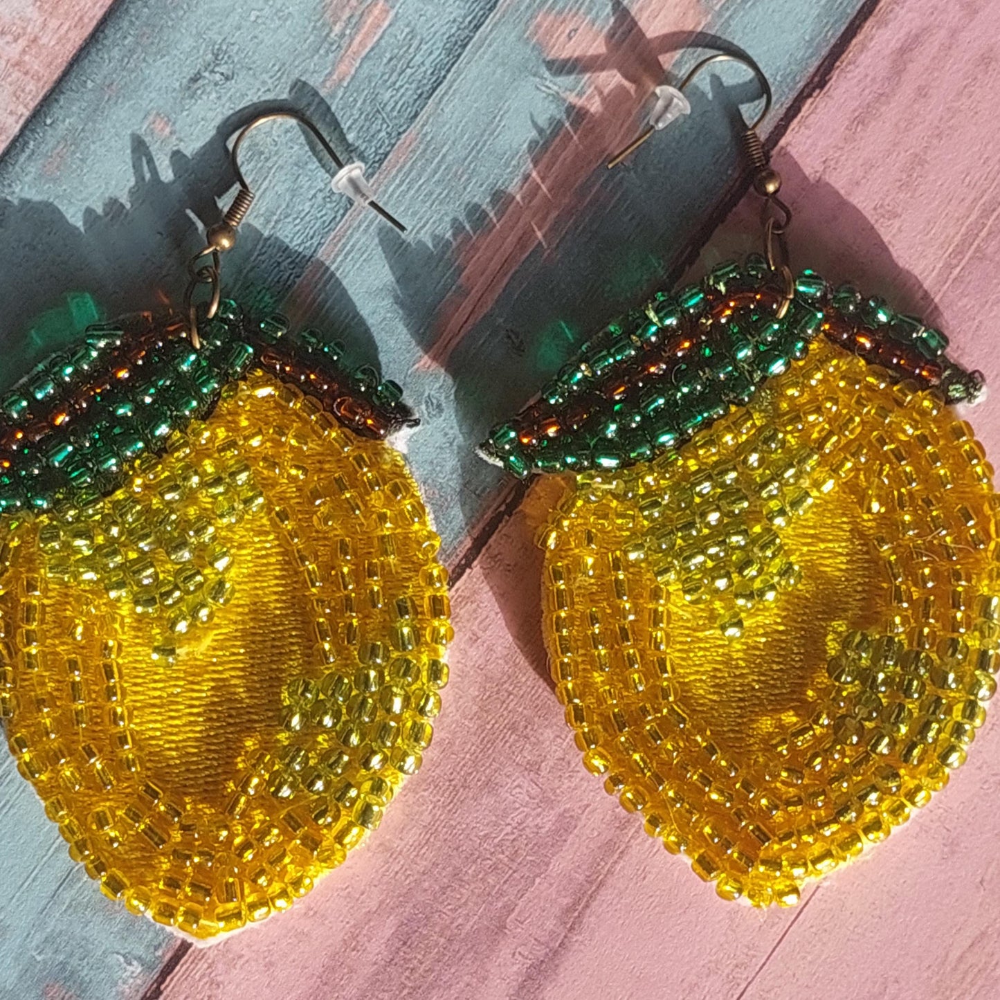 Hand-Embroidered Lemon Earrings with Beads - Unique Statement Jewelry Gift