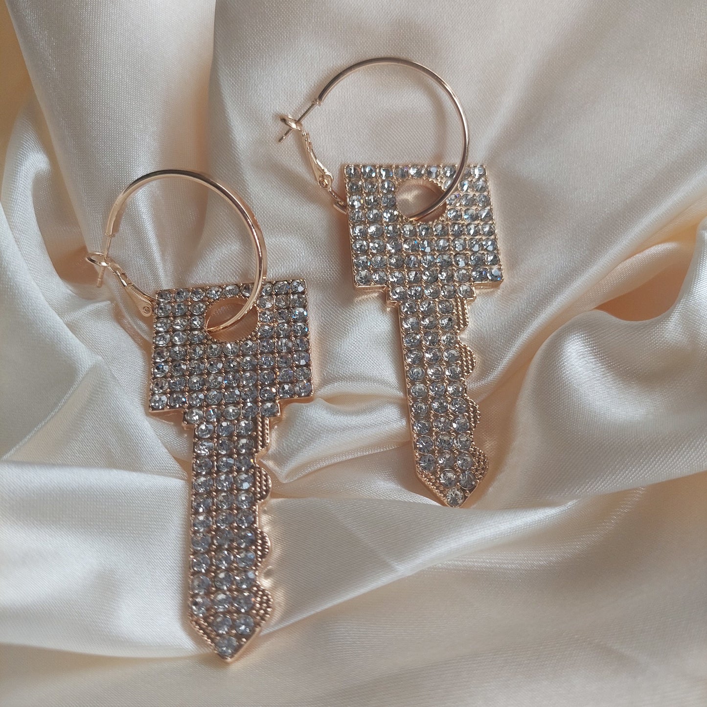 Glamorous Gold Key Earrings with Rhinestones – Statement Dangle Jewelry – Personalized Gift for Her