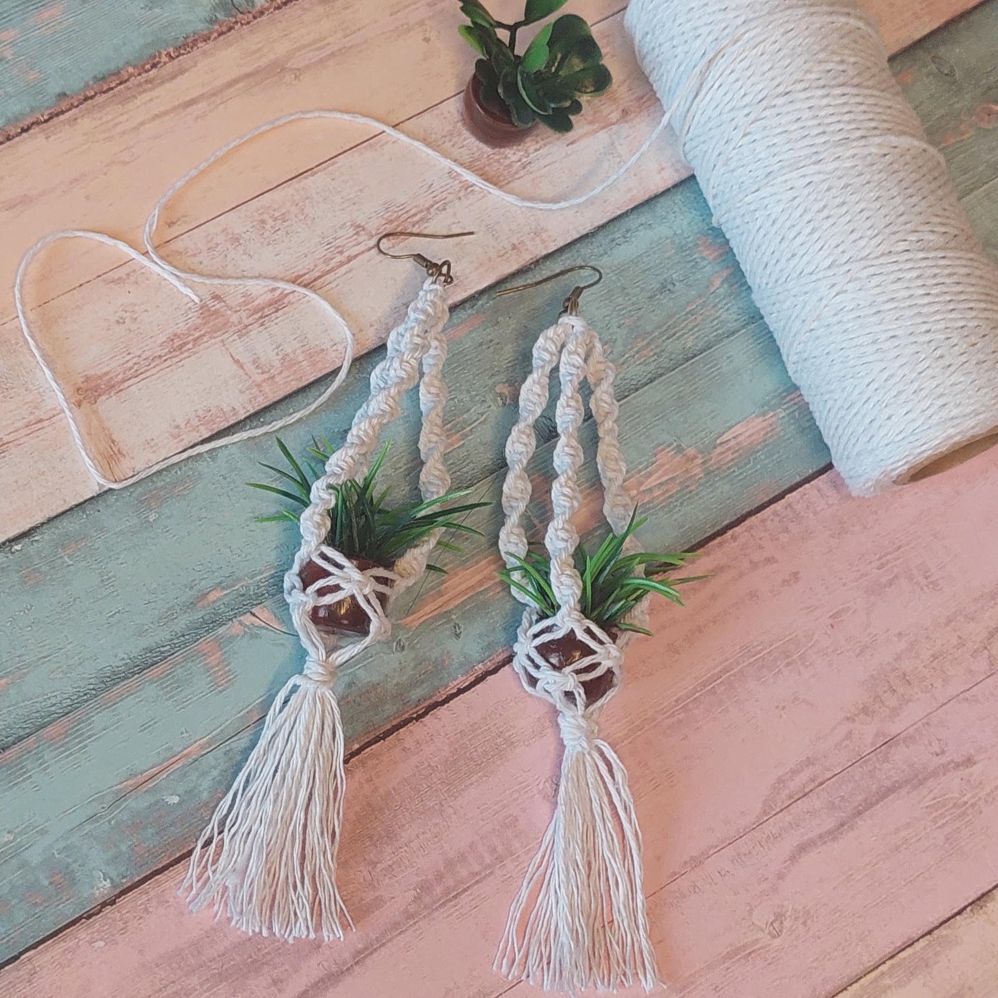 Boho Macramé Earrings with Mini Planter | Handmade Hanging Flower Pot Jewelry | Unique Bohemian Gift for Her