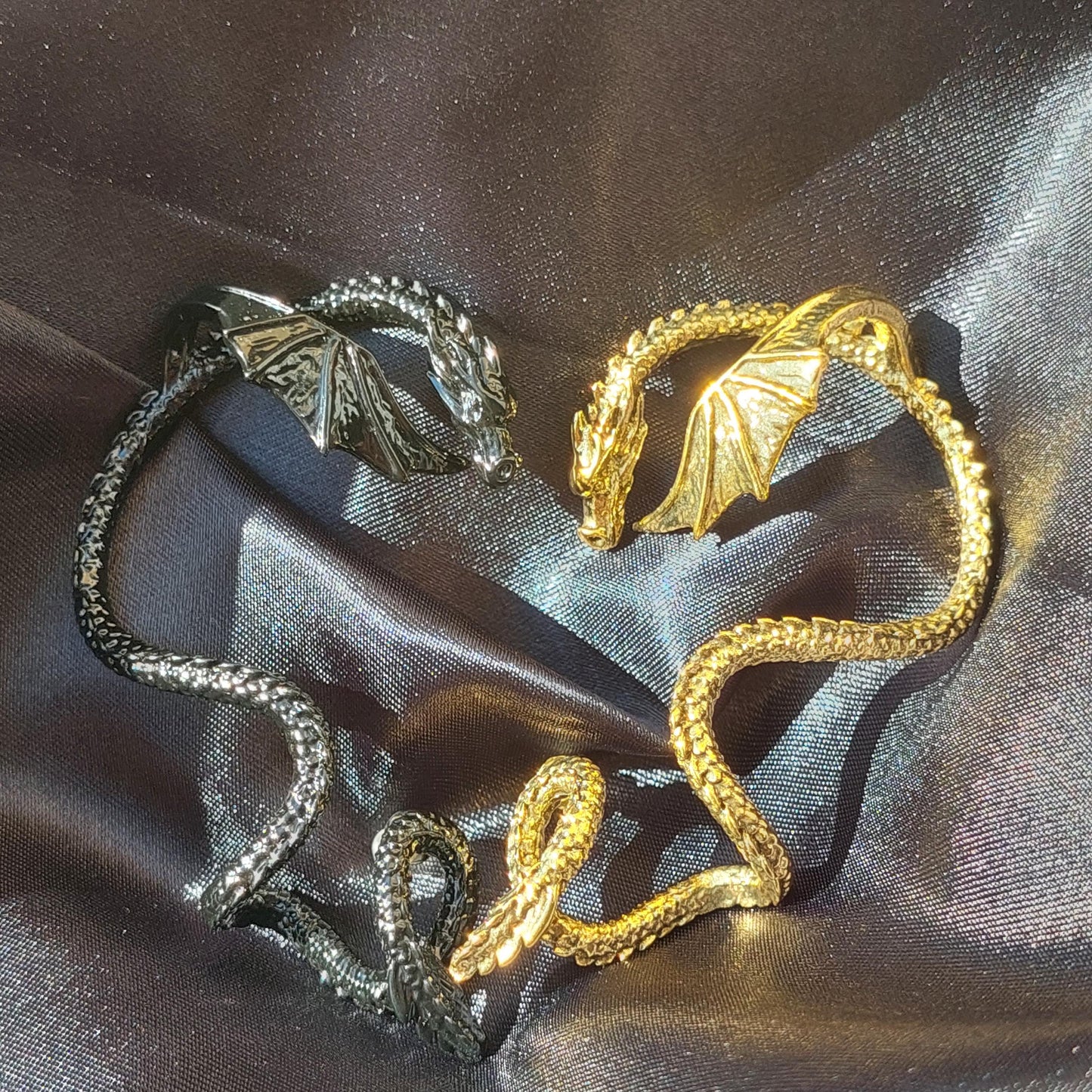 Dragon Ear Cuffs Set – Gold, Silver & Black Gothic Fantasy Jewelry | Bold Statement Earrings for Cosplay, LARP & Unique Gifts