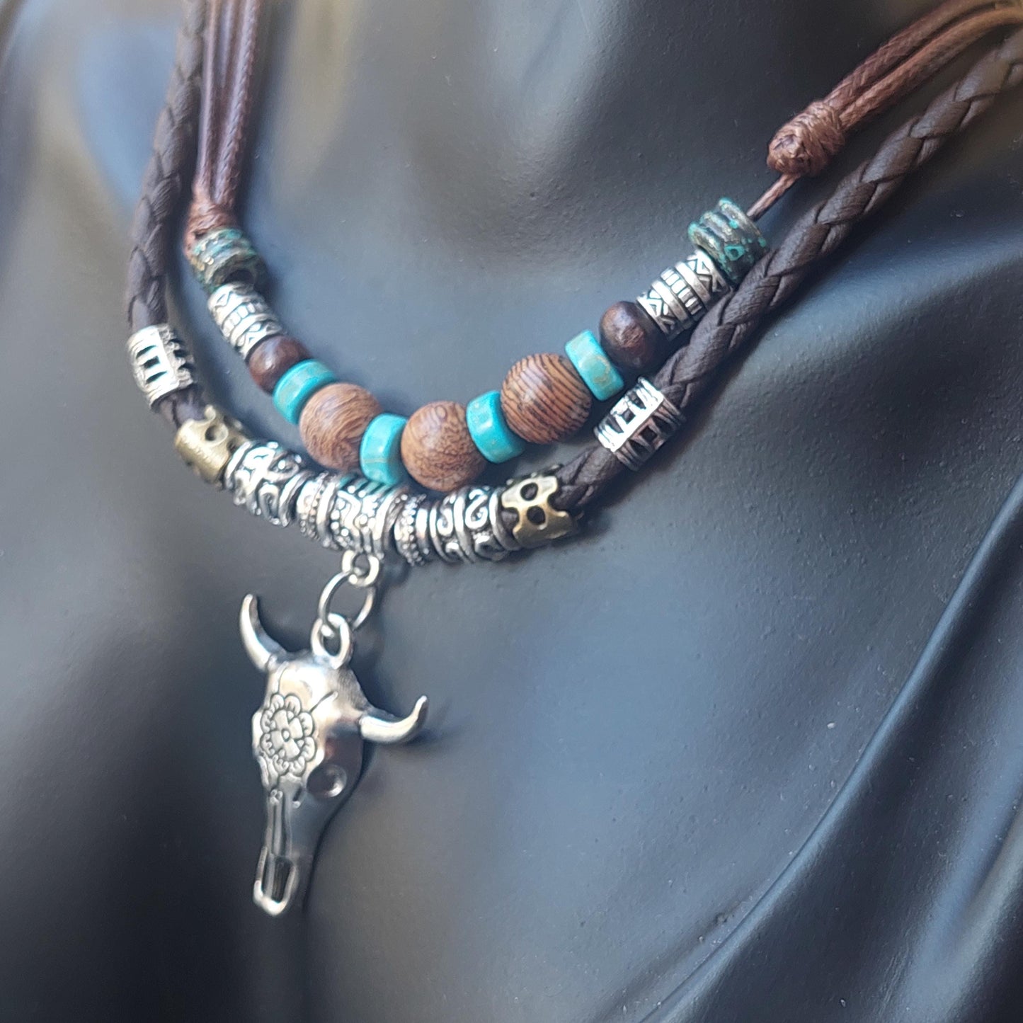 Gothic Bull Skull Jewelry Set - Leather Choker Necklace & Earrings Western Style