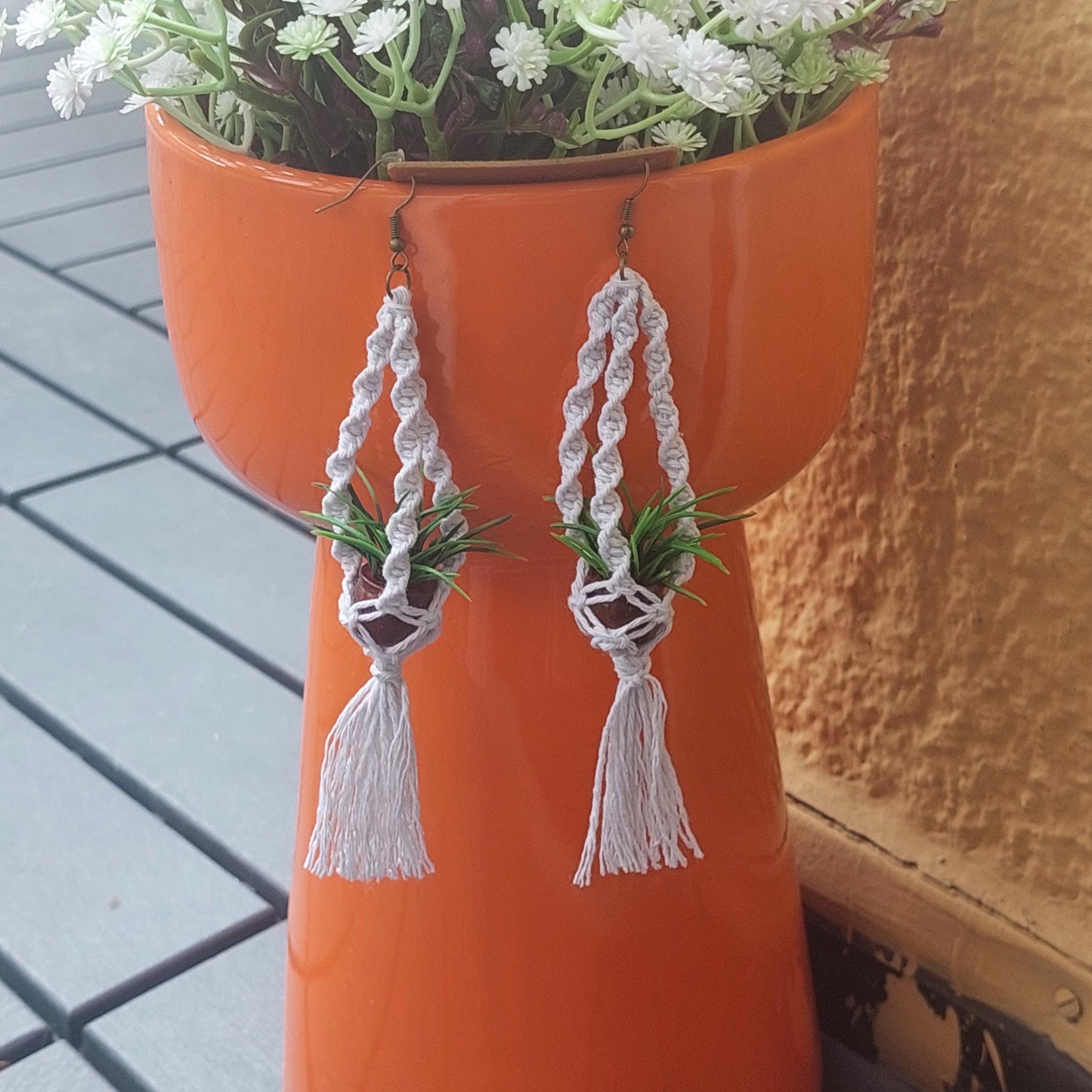 Boho Macramé Earrings with Mini Planter | Handmade Hanging Flower Pot Jewelry | Unique Bohemian Gift for Her