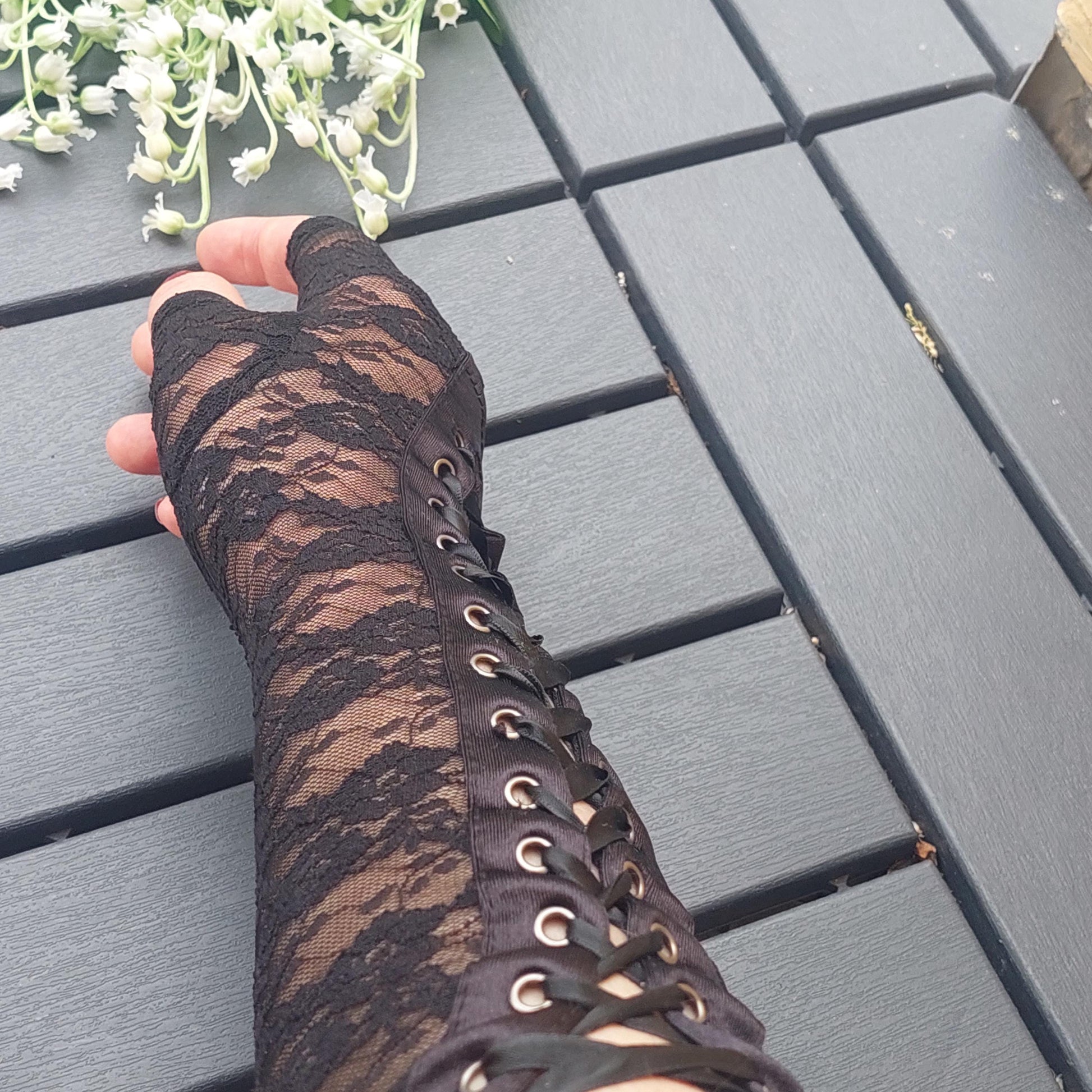 Elegant Black Lace Fingerless Evening Gloves with Statement Lacing - Stylish Women's Accessory